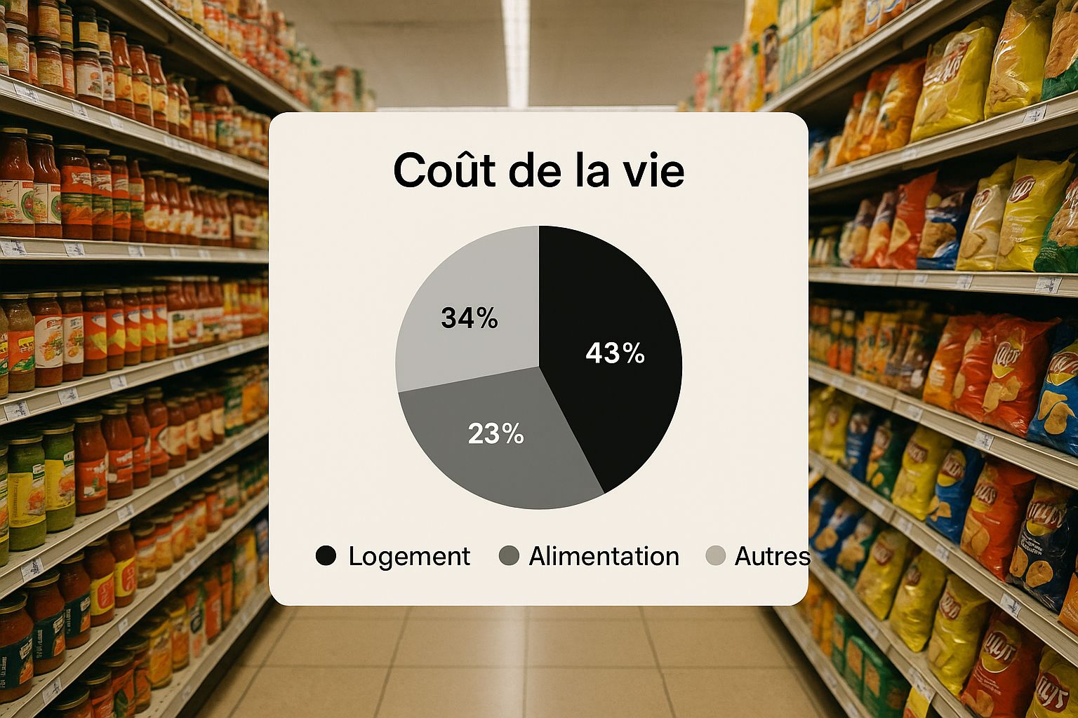Infographie sur le coût de la vie en Suisse, montrant un rayon de supermarché avec le texte 'Coût de la vie'