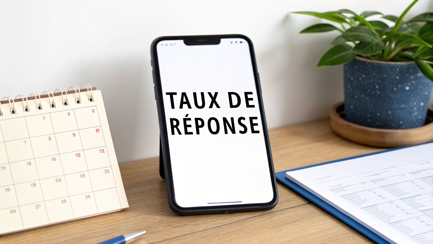 Un smartphone affiche "TAUX DE RÉPONSE" sur un bureau avec un calendrier, symbolisant l'analyse de données ou de sondages.