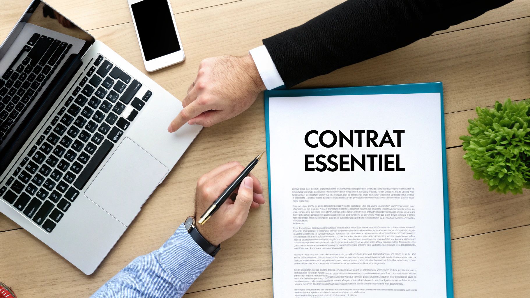 Deux mains révisant un document intitulé 'Contrat Essentiel' sur un bureau en bois avec un ordinateur portable et un smartphone.