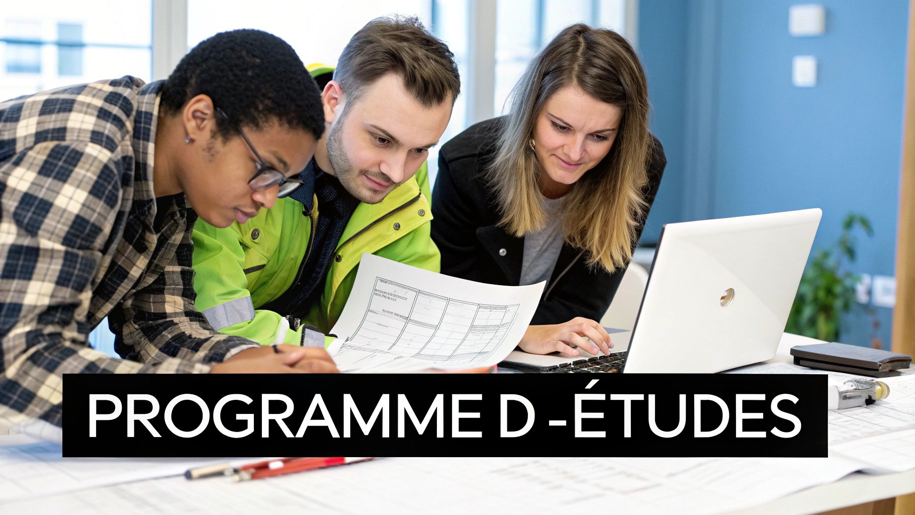 Une équipe d'étudiants en ingénierie collabore autour d'un plan complexe, illustrant le travail d'équipe et la résolution de problèmes.