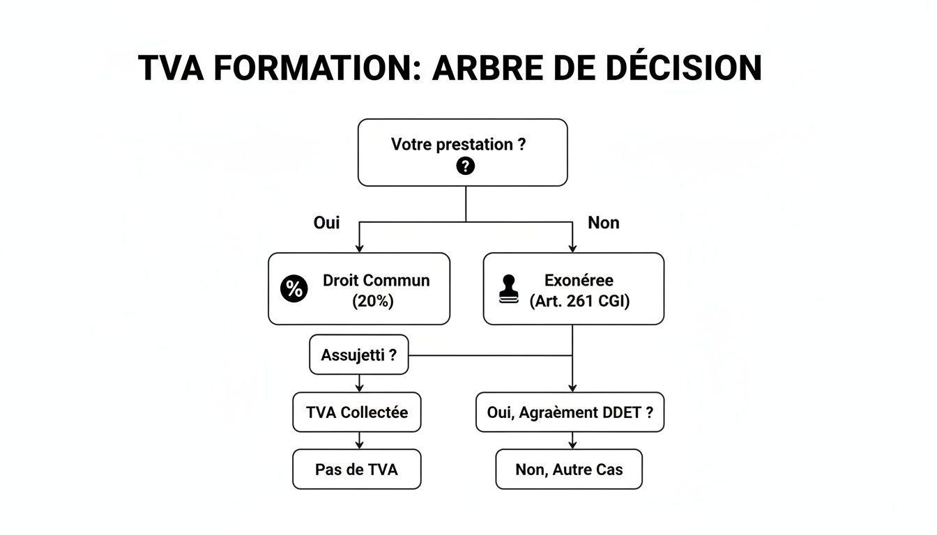 Arbre de décision pour la TVA sur la formation, illustrant les critères d'assujettissement ou d'exonération.