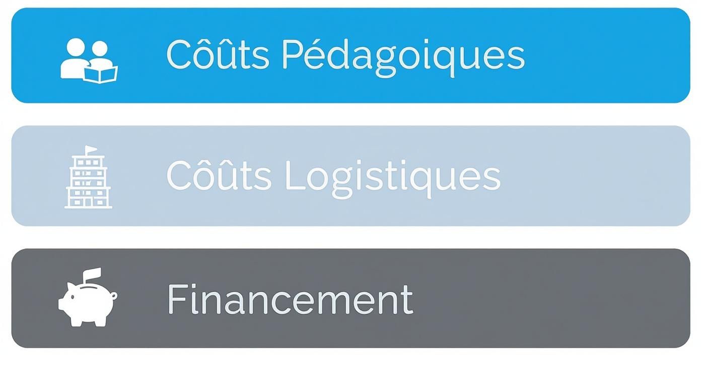 Image montrant trois sections sur les coûts pédagogiques, les coûts logistiques et le financement d'une formation.