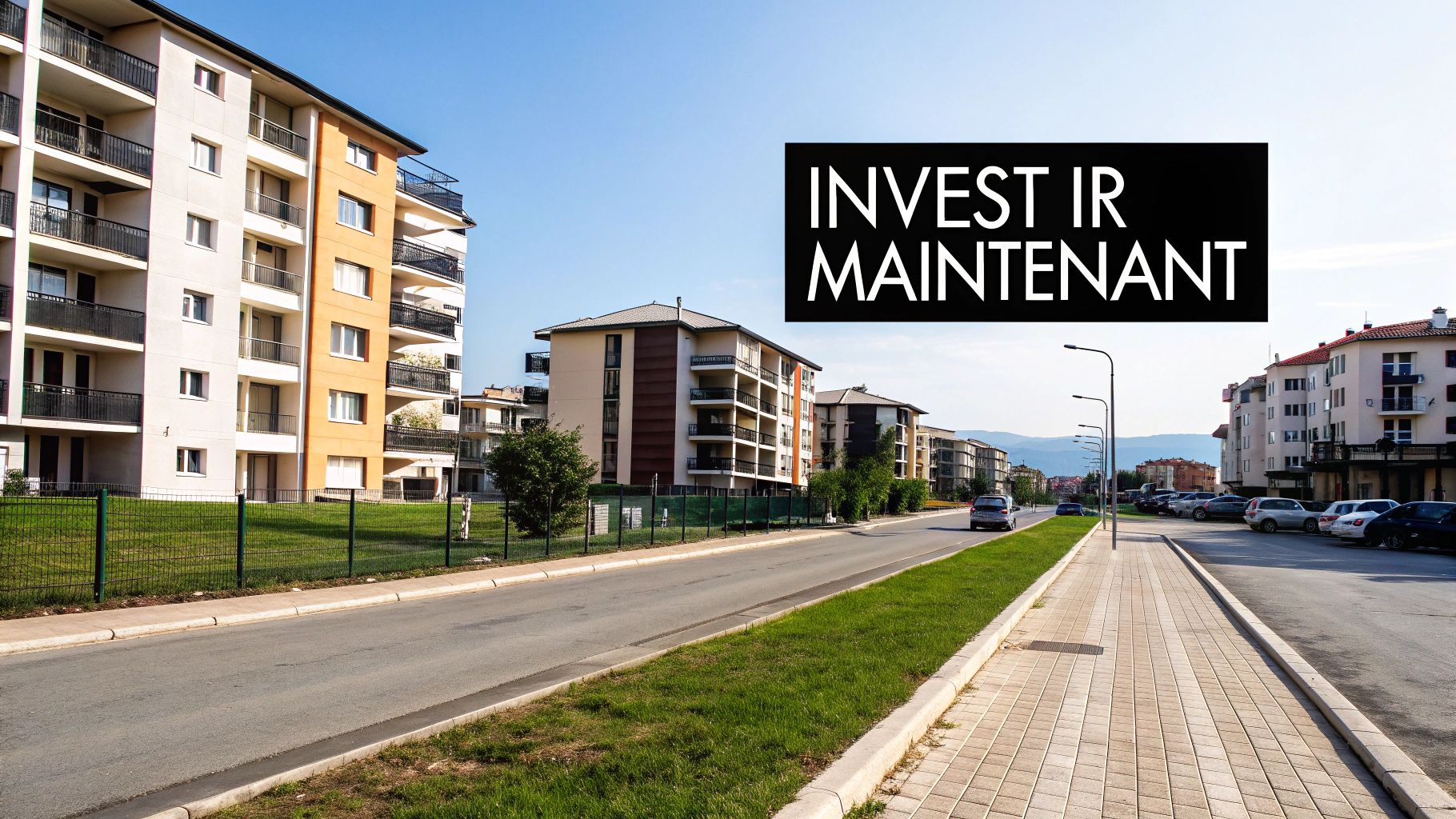 Quartier résidentiel moderne avec immeubles d'appartements et rue arborée, invitant à investir.