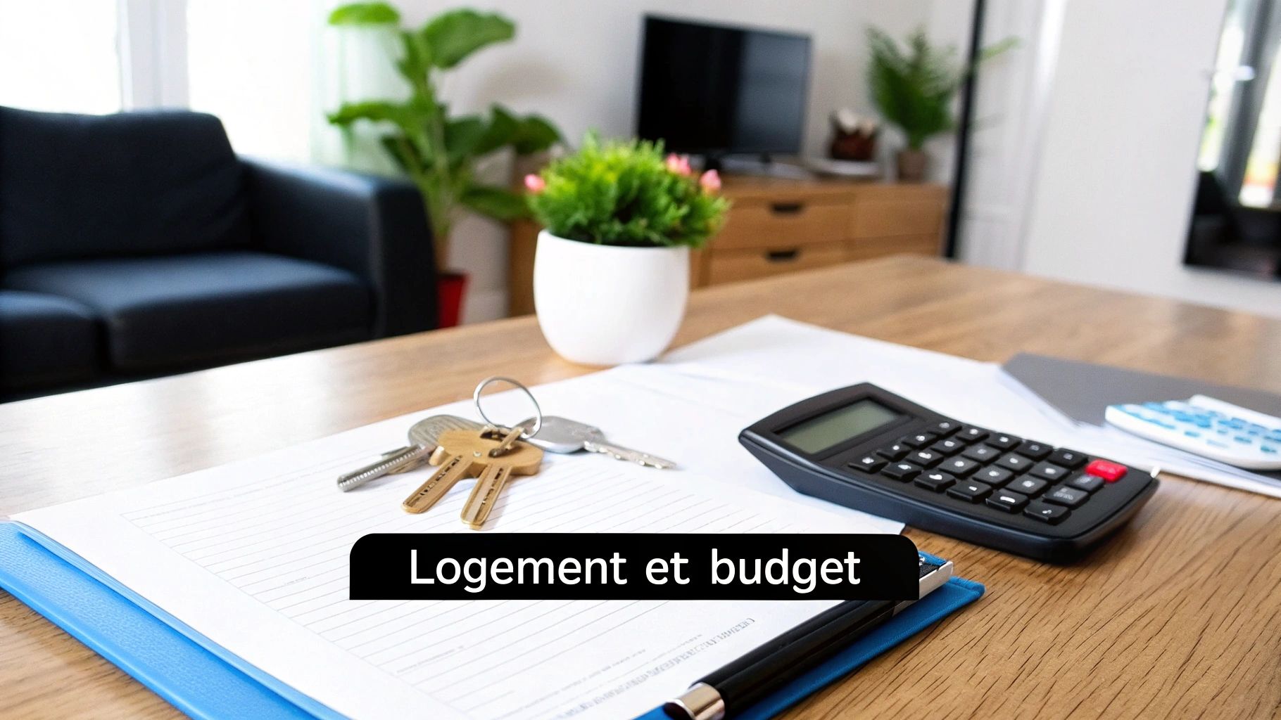 Clés, calculateur, documents et stylo sur une table en bois, symbolisant la gestion du logement et du budget.