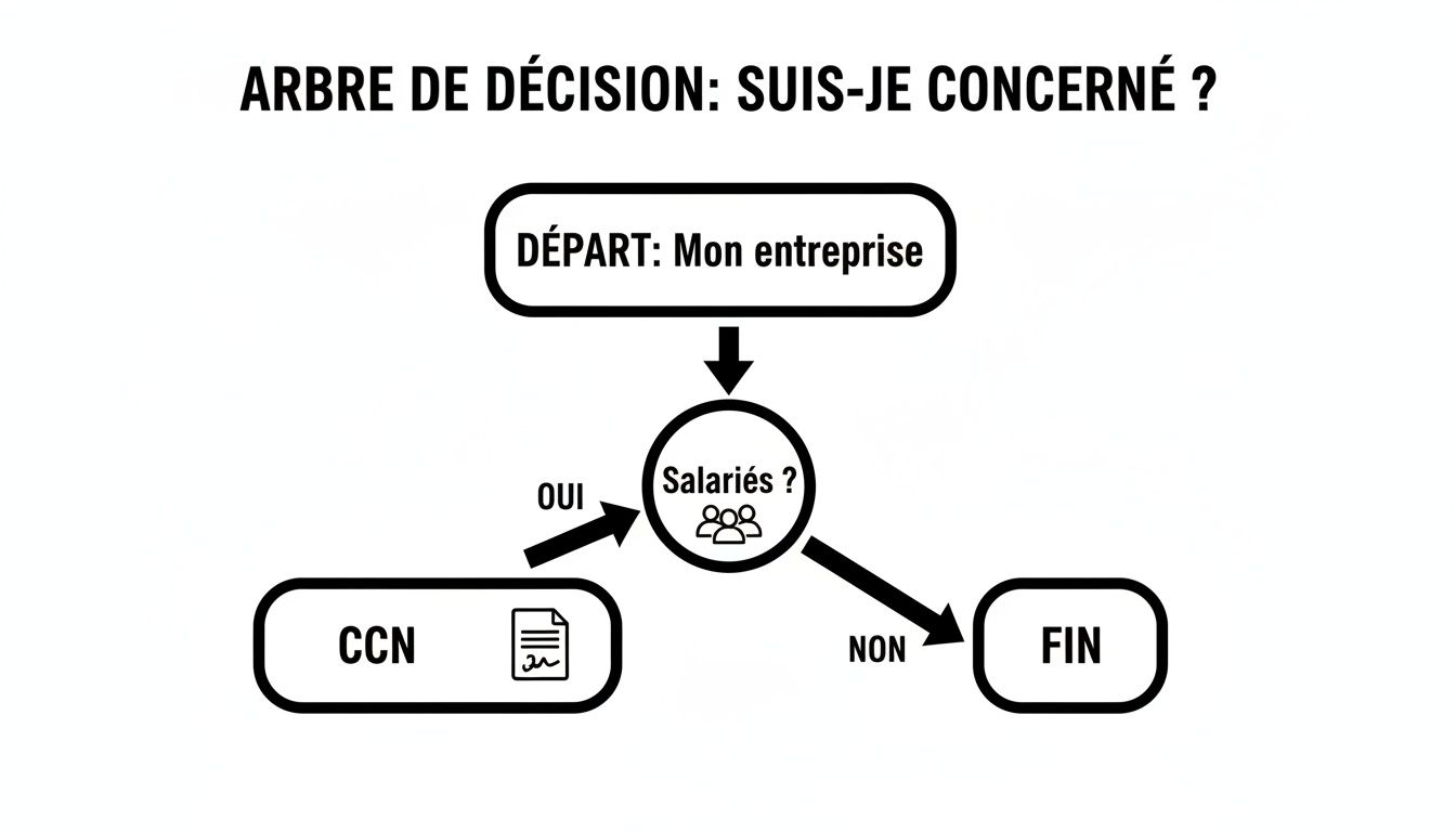 Organigramme de décision simple demandant si l'on est concerné par une CCN en fonction de l'entreprise et des salariés.