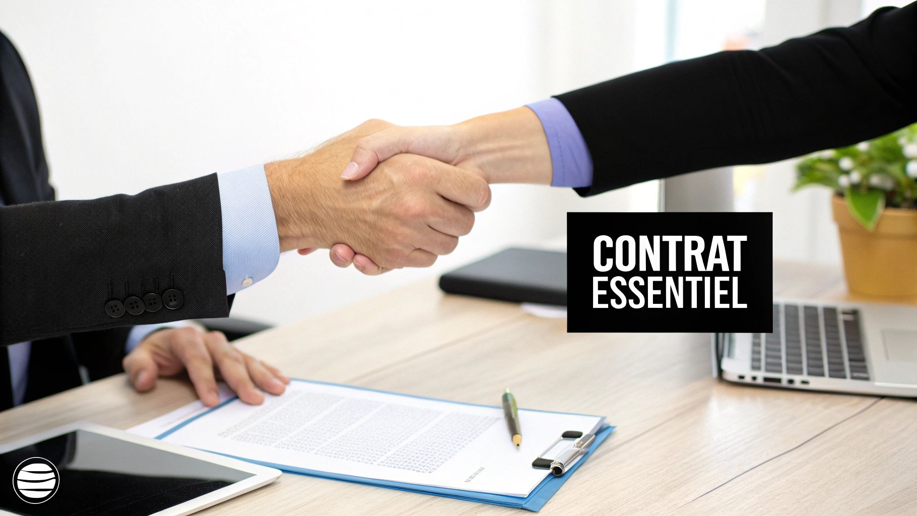 Poignée de main entre deux professionnels scellant un accord, avec le texte 'CONTRAT ESSENTIEL' en surimpression sur un bureau.