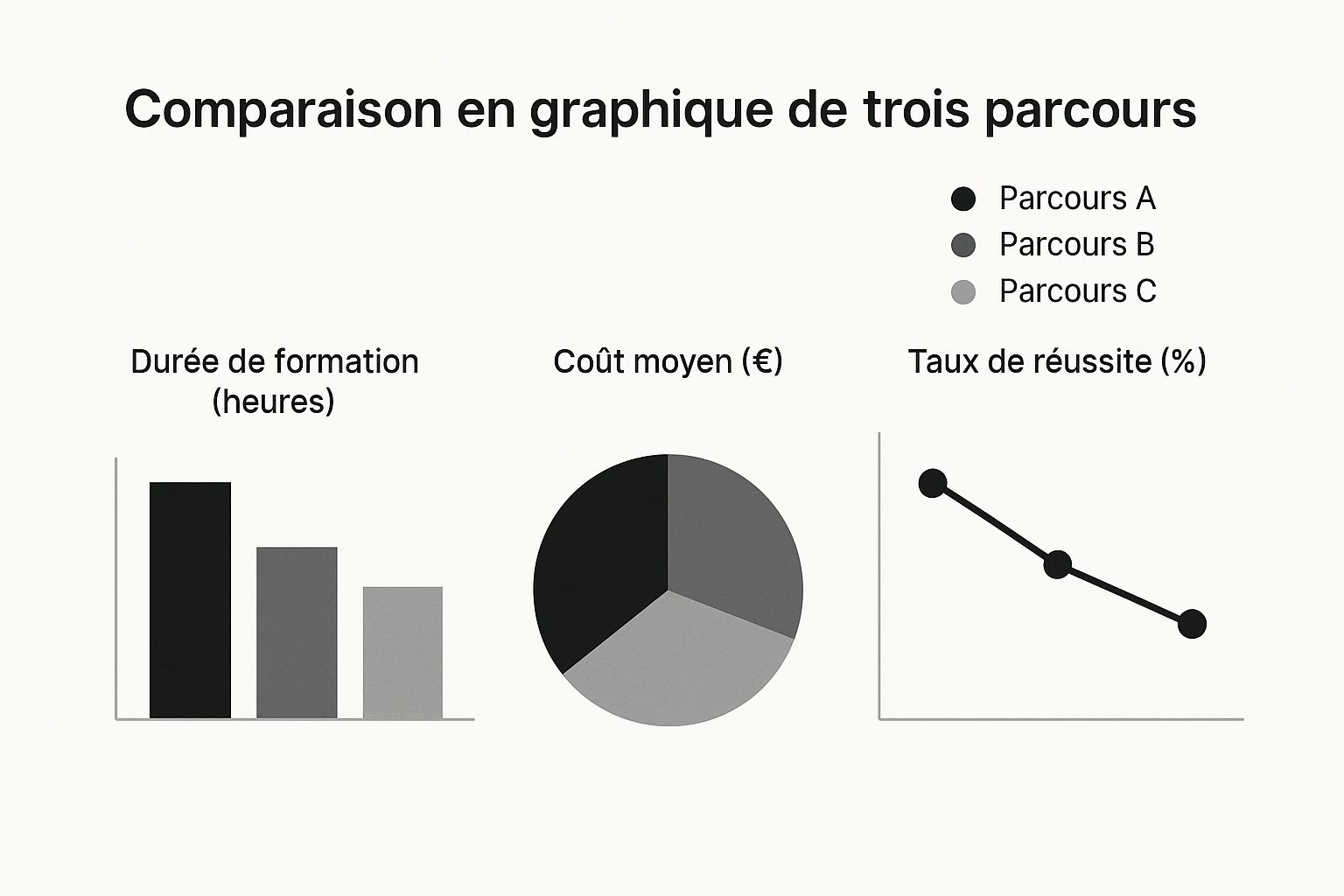 Infographie comparant la durée, le coût et le taux de réussite de différentes formations de formateur