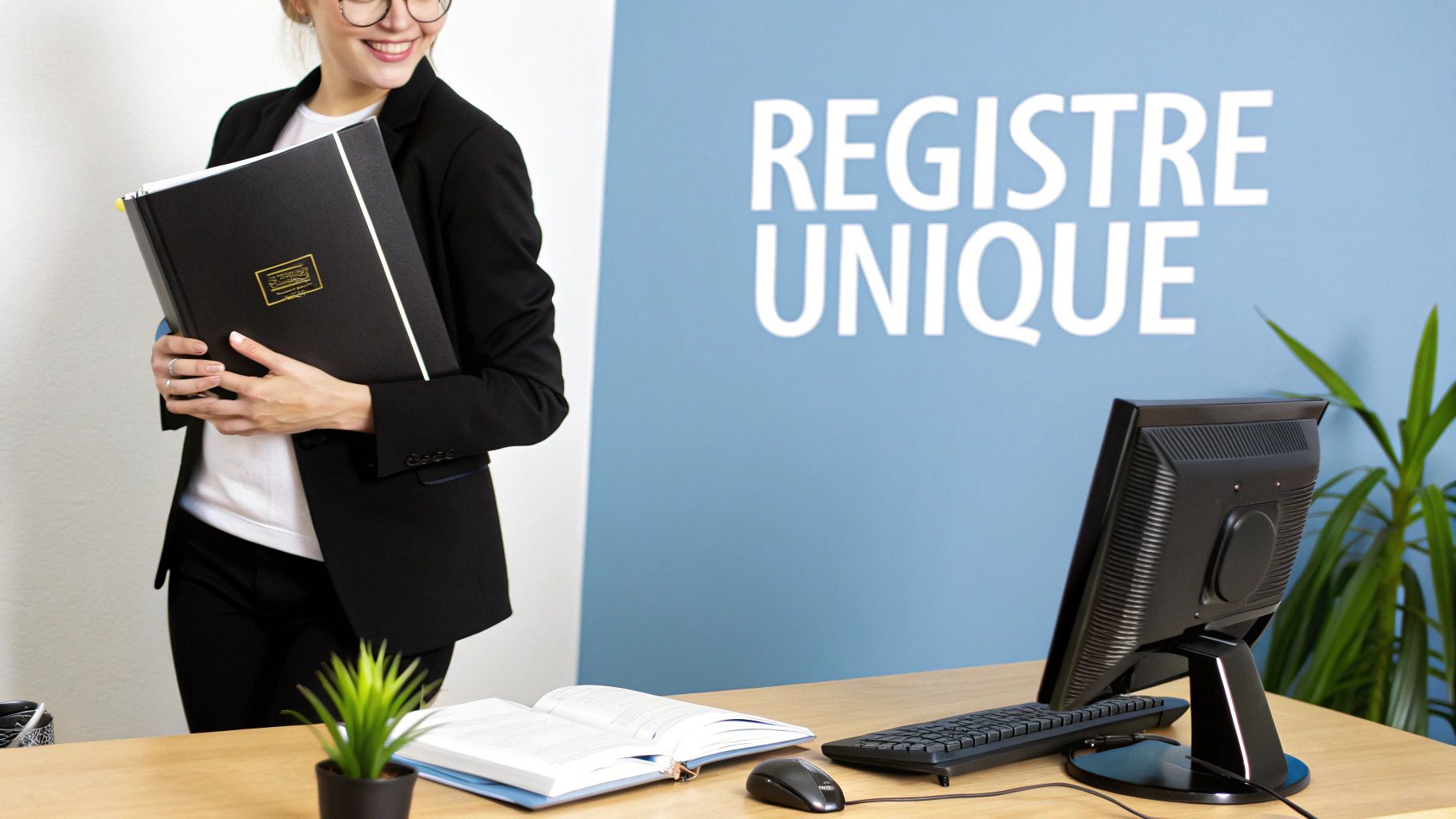 Une femme souriante tient un grand registre noir devant un mur bleu avec l'inscription 'REGISTRE UNIQUE'.