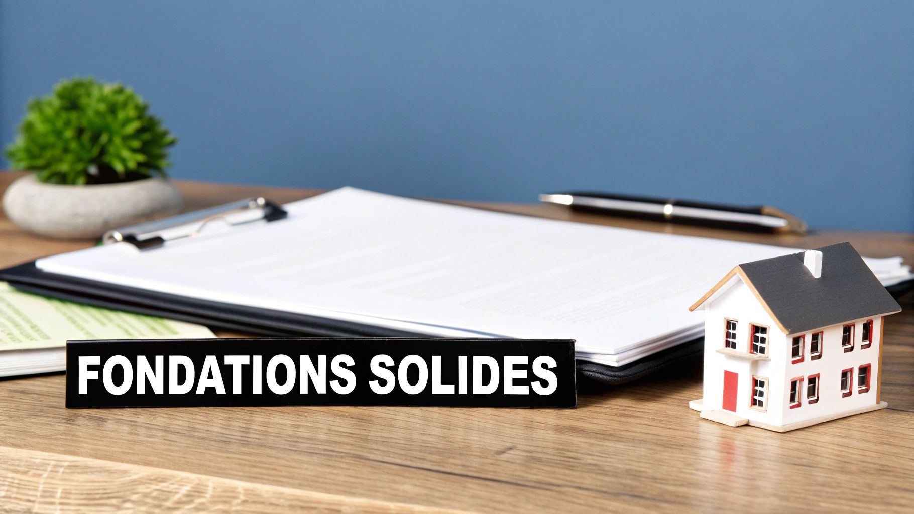 Une table de bureau avec un presse-papiers, une maison miniature, une plante et l'inscription « FONDATIONS SOLIDES » sur une plaque.