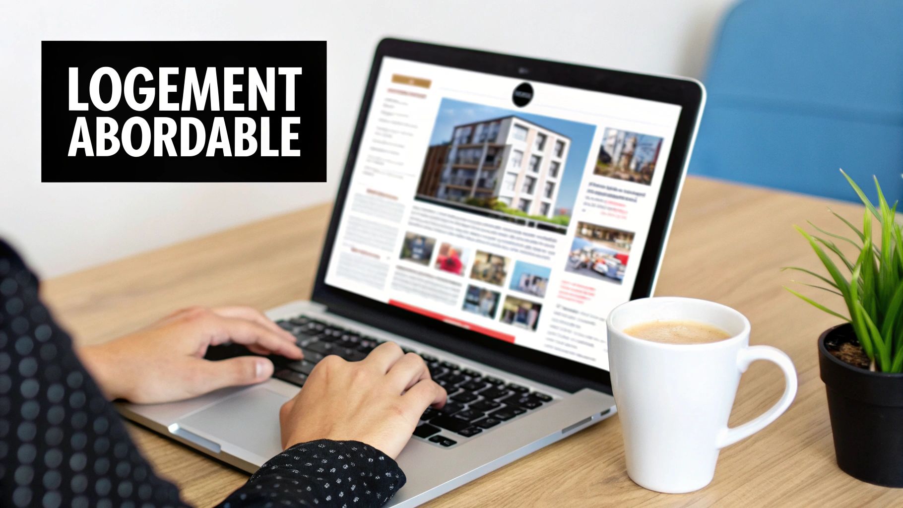 Une personne tape sur un ordinateur portable, avec une pancarte noire affichant "LOGEMENT ABORDABLE", une tasse de café et une plante verte.