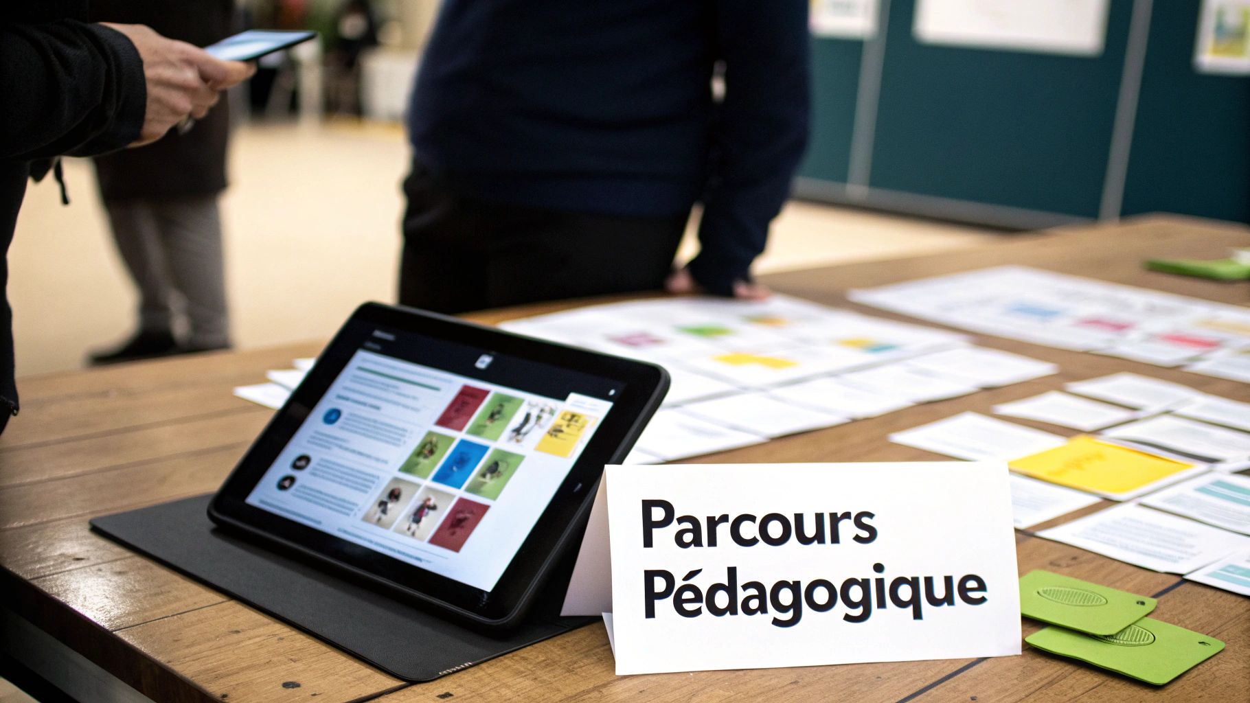 Une tablette présente un parcours pédagogique sur une table, entourée de documents. Des participants sont en arrière-plan.