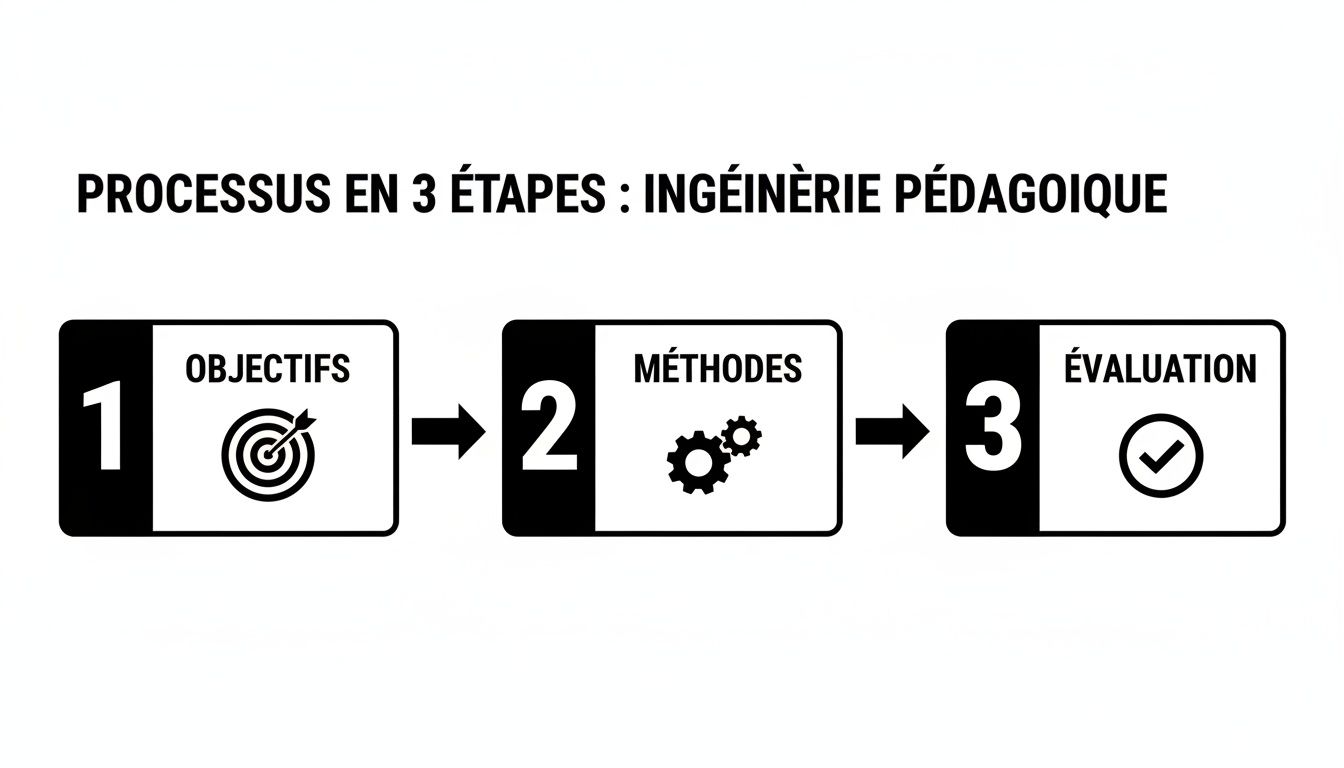 Infographie illustrant le processus en 3 étapes de l'ingénierie pédagogique : objectifs, méthodes et évaluation.