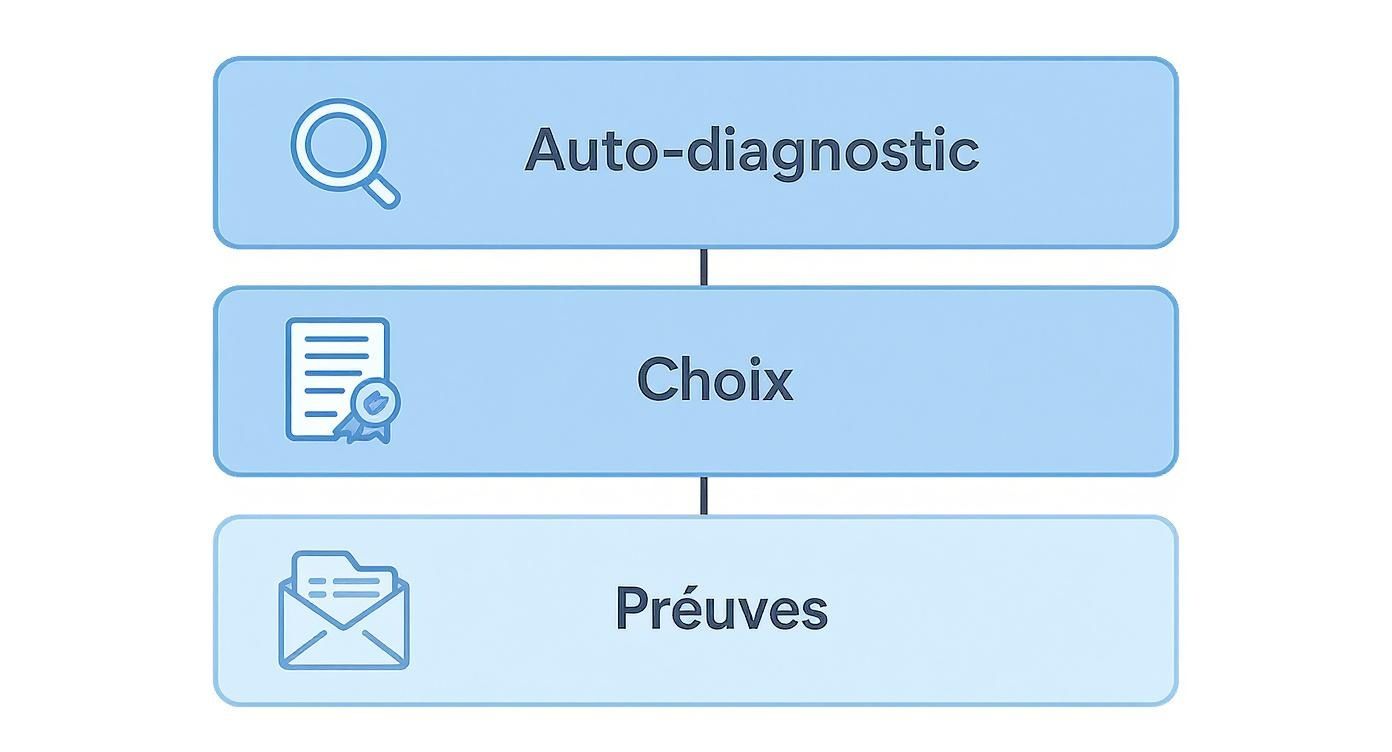 Infographie décrivant les étapes de préparation à l'audit Qualiopi : auto-diagnostic, choix du certificateur, et collecte des preuves.