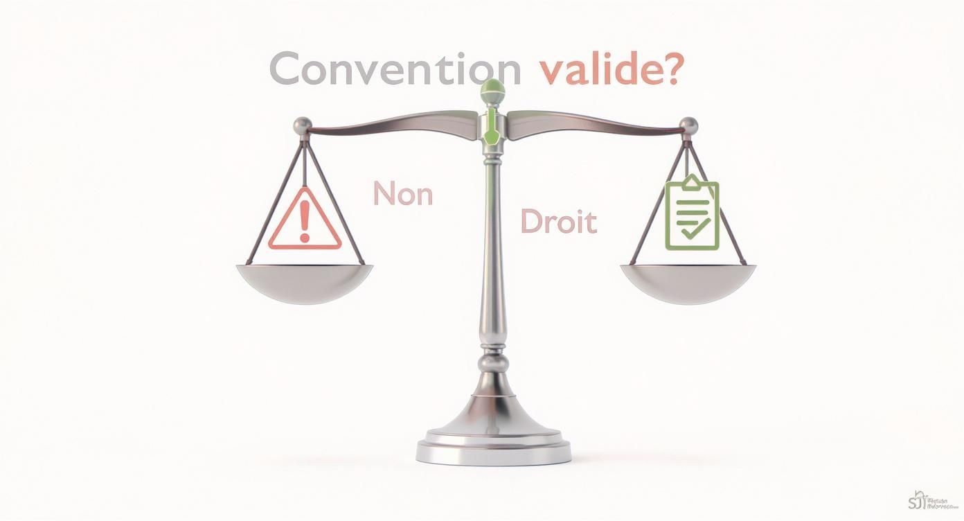 Une balance de justice comparant "Non" (panneau d'avertissement) et "Droit" (liste de contrôle) pour la validité d'une convention.