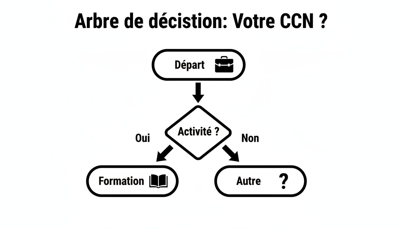 Diagramme d'arbre de décision expliquant la CCN, avec des choix entre activité, formation et autres possibilités au départ.