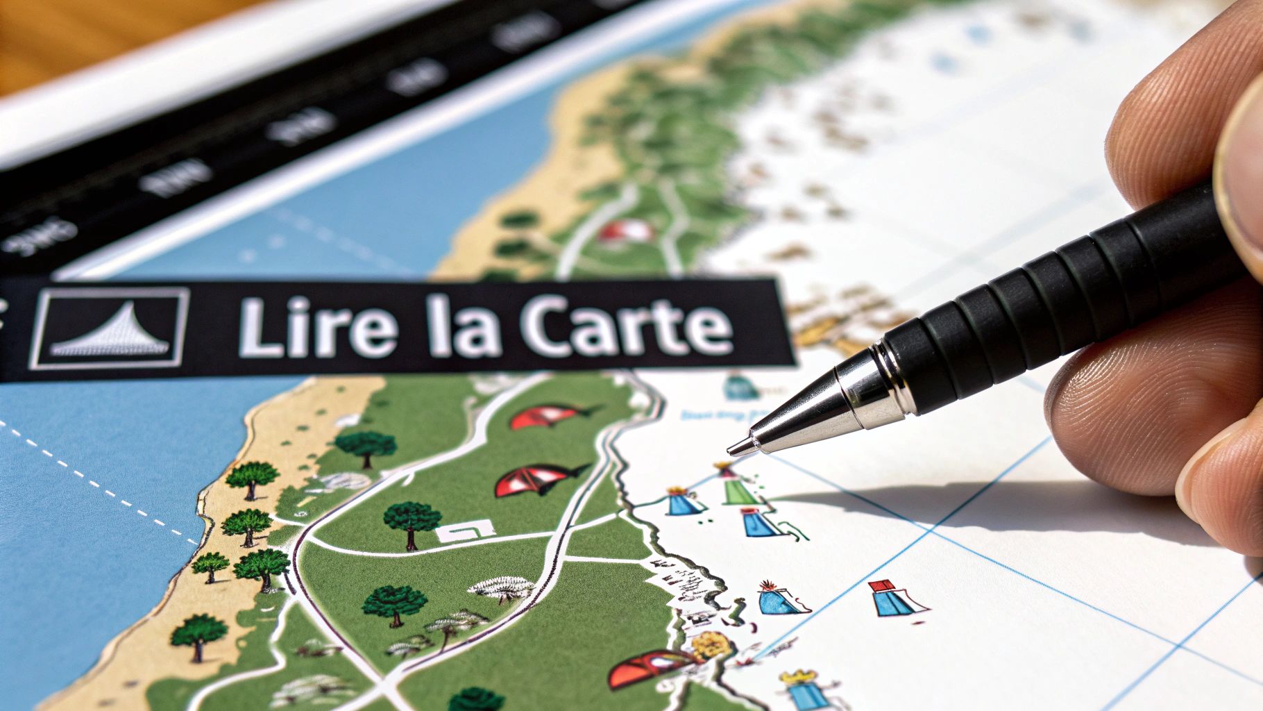 Une main tenant un stylo pointe une carte topographique avec des arbres, de l'eau et des icônes. Le texte « Lire la Carte » est visible.