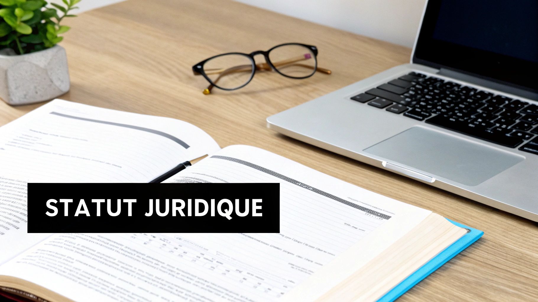 Une table de bureau avec un livre ouvert, un stylo, des lunettes, un ordinateur portable et une plante, avec la mention « STATUT JURIDIQUE ».