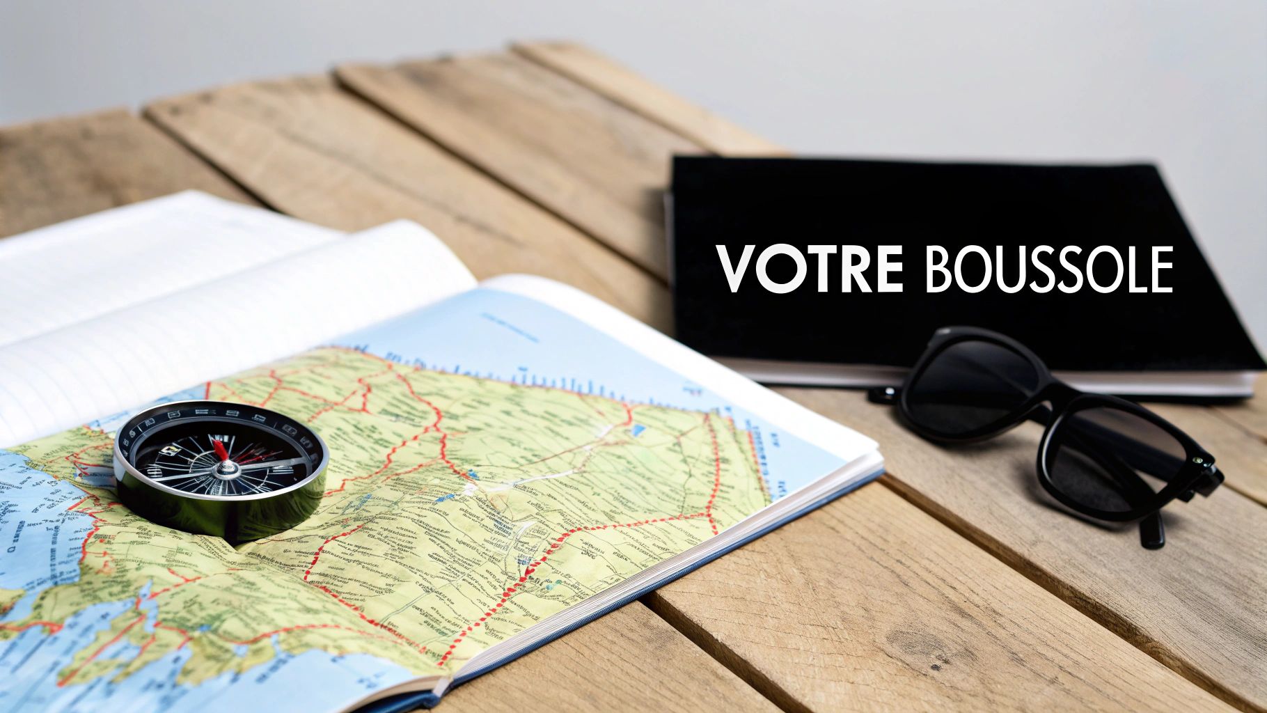 Une boussole posée sur une carte géographique ouverte, à côté d'un livre noir intitulé "VOTRE BOUSSOLE" et des lunettes de soleil sur une table en bois.