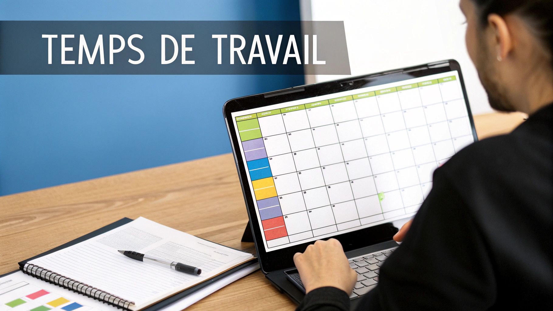 Personne gérant son temps de travail sur un ordinateur portable affichant un calendrier sur un bureau en bois.