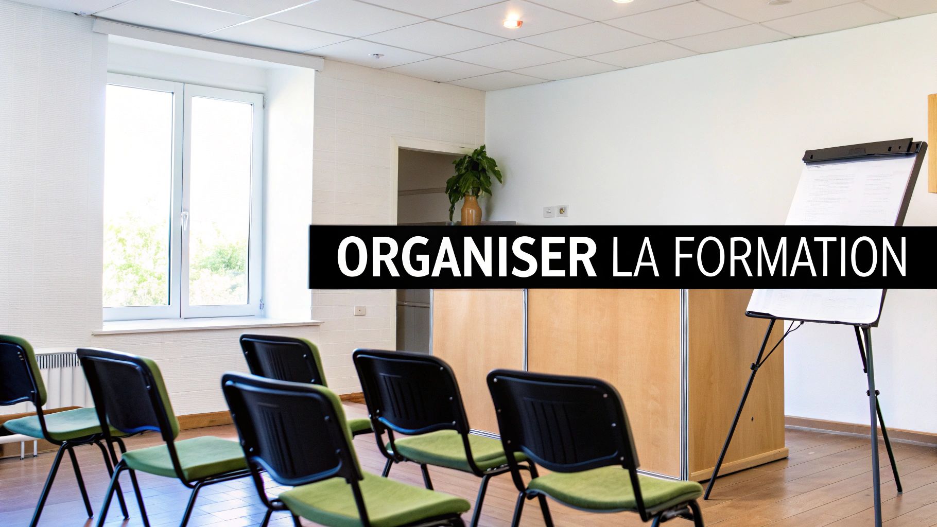 Salle de formation lumineuse avec des chaises vertes, un tableau blanc, et le texte "ORGANISER LA FORMATION" pour un événement d'apprentissage.