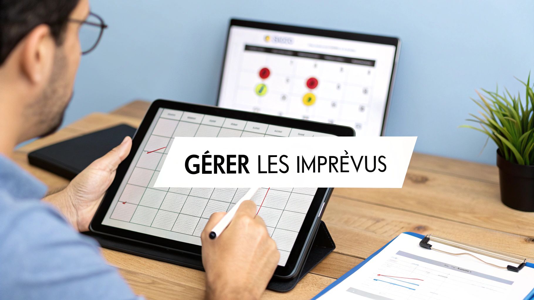 Un homme analyse des graphiques sur une tablette pour gérer les imprévus et optimiser la planification.