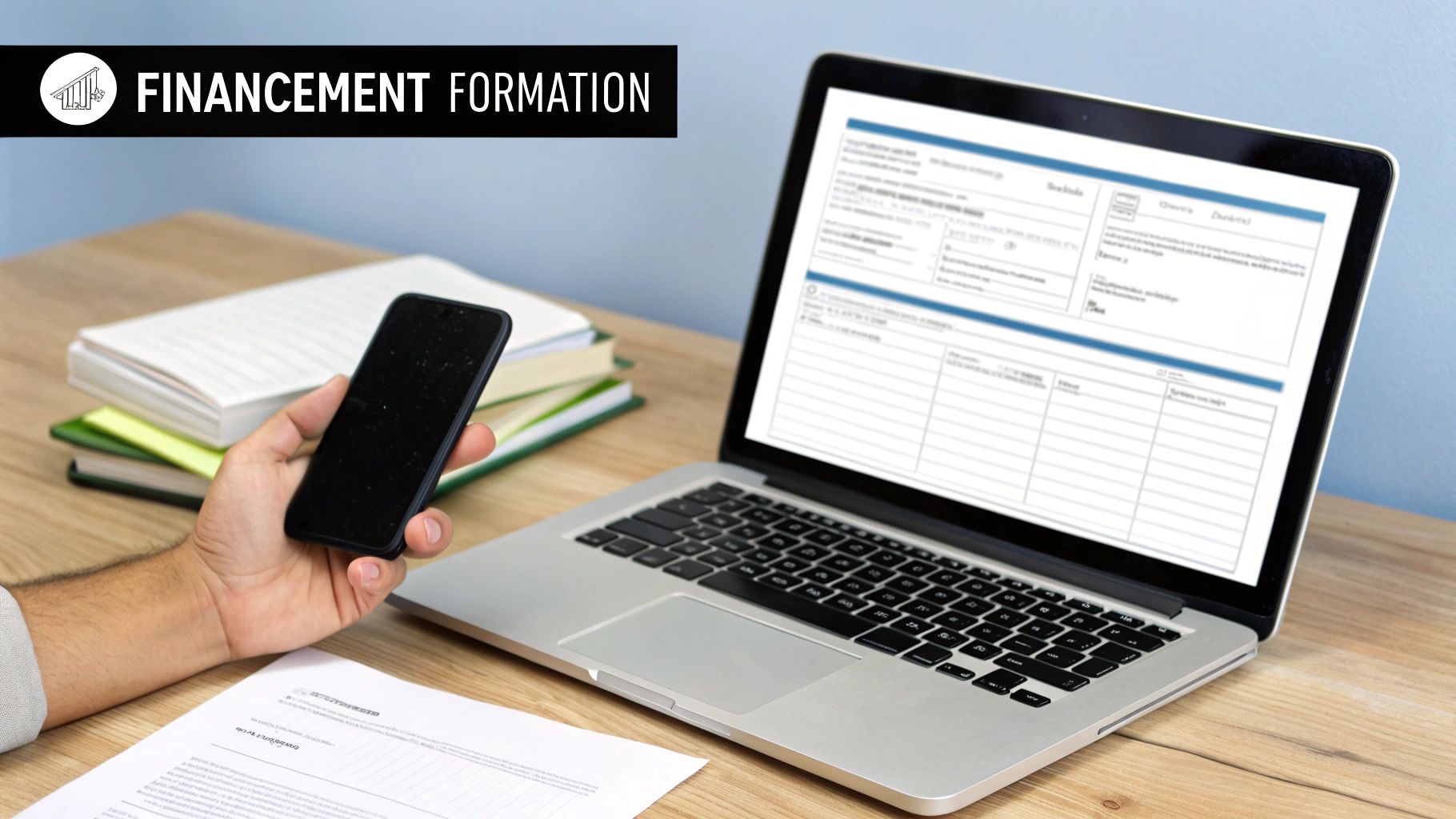 Un homme tient un téléphone, un ordinateur portable affiche un formulaire de financement pour la formation sur un bureau en bois.