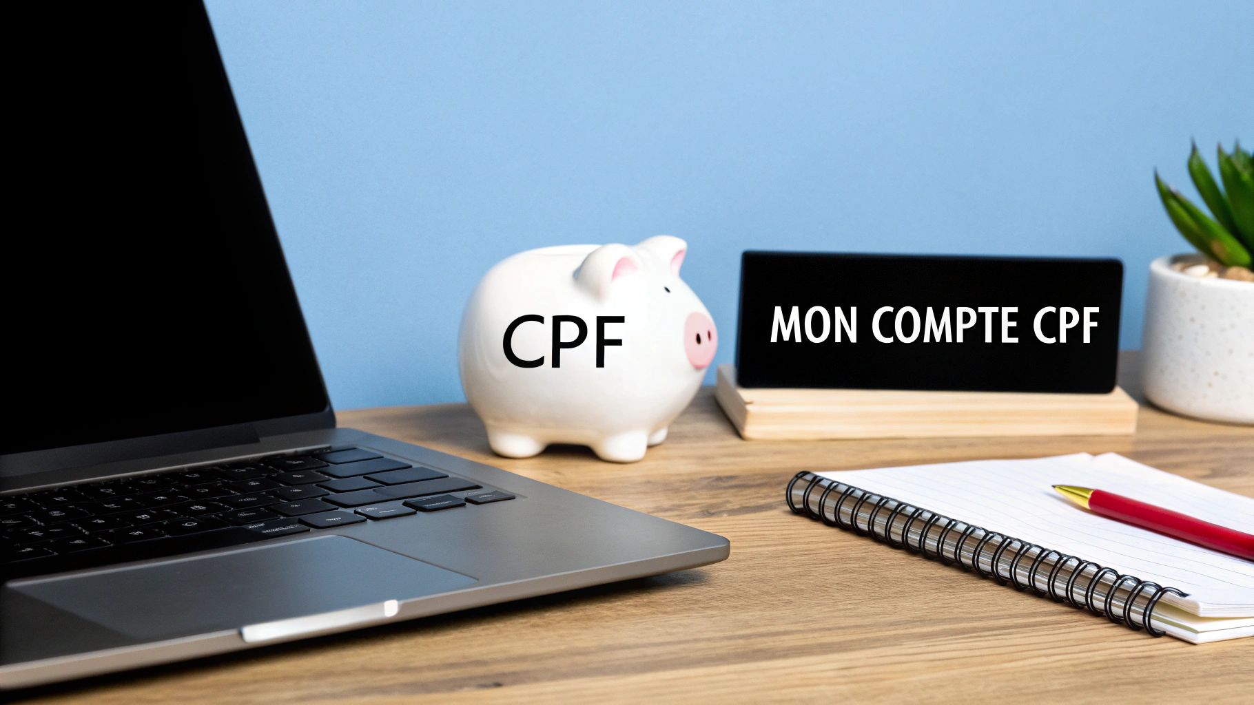 Bureau avec ordinateur portable, tirelire CPF, panneau "MON COMPTE CPF", carnet et stylo, sur fond bleu.