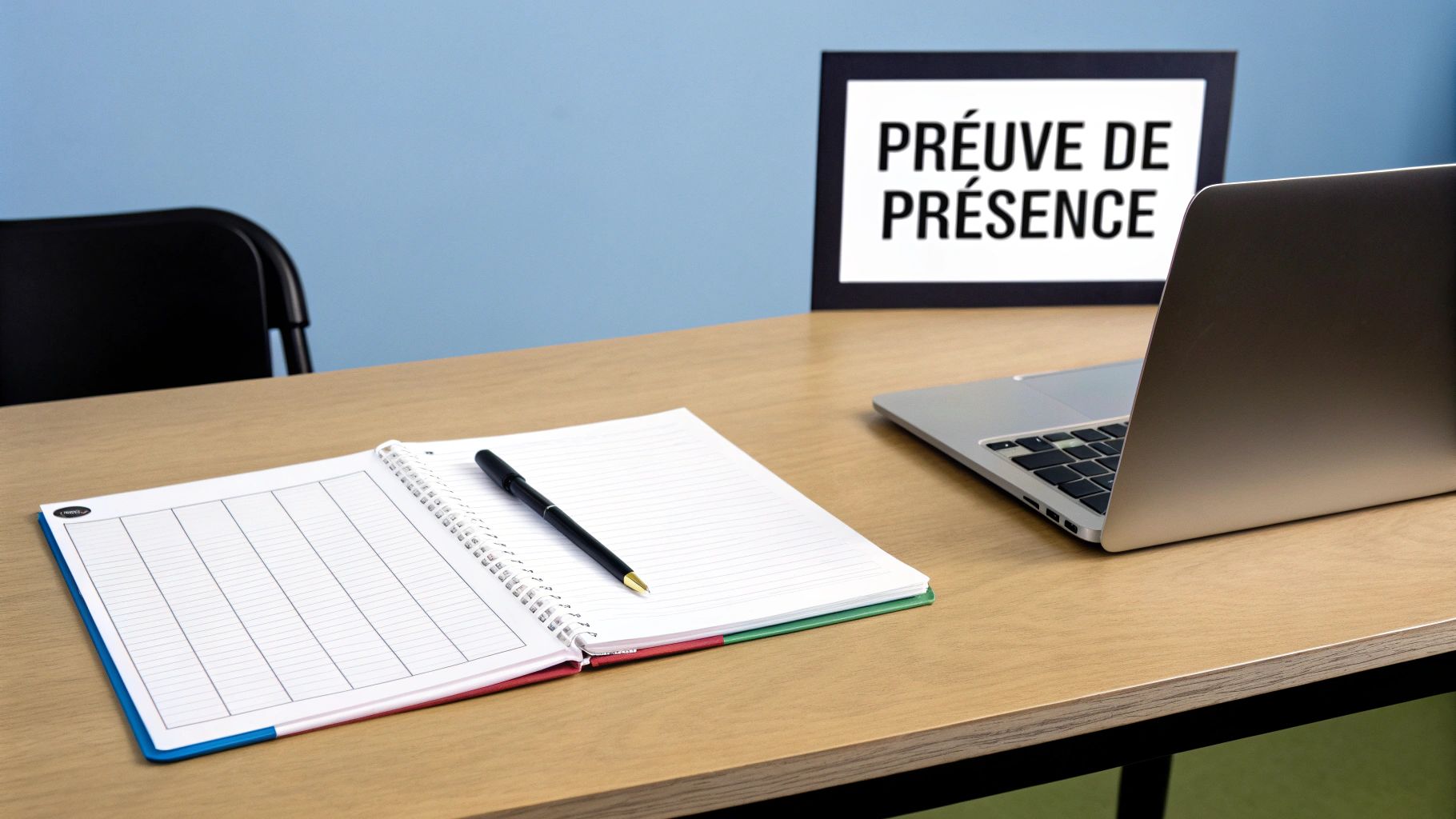 Bureau en bois avec cahier ouvert, stylo, ordinateur portable et panneau 'PREUVE de PRÉSENCE'.