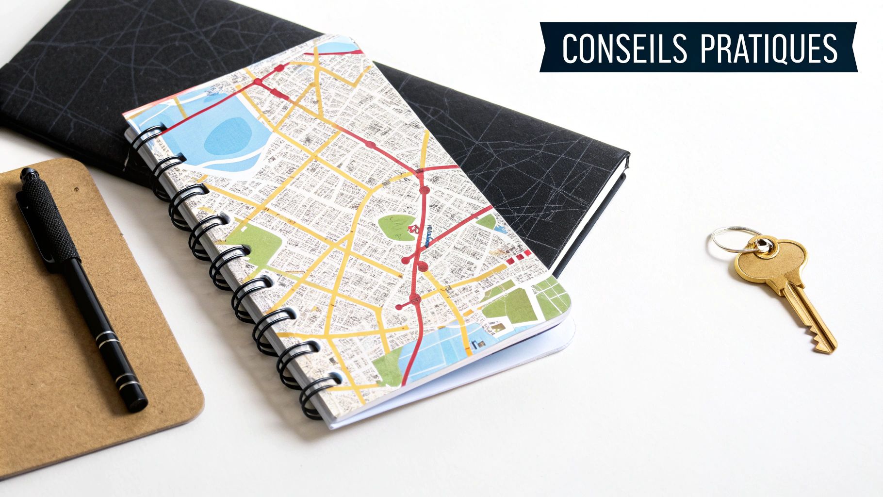 Carnet avec carte urbaine, clé dorée et bloc-notes pour conseils pratiques de recherche de logement