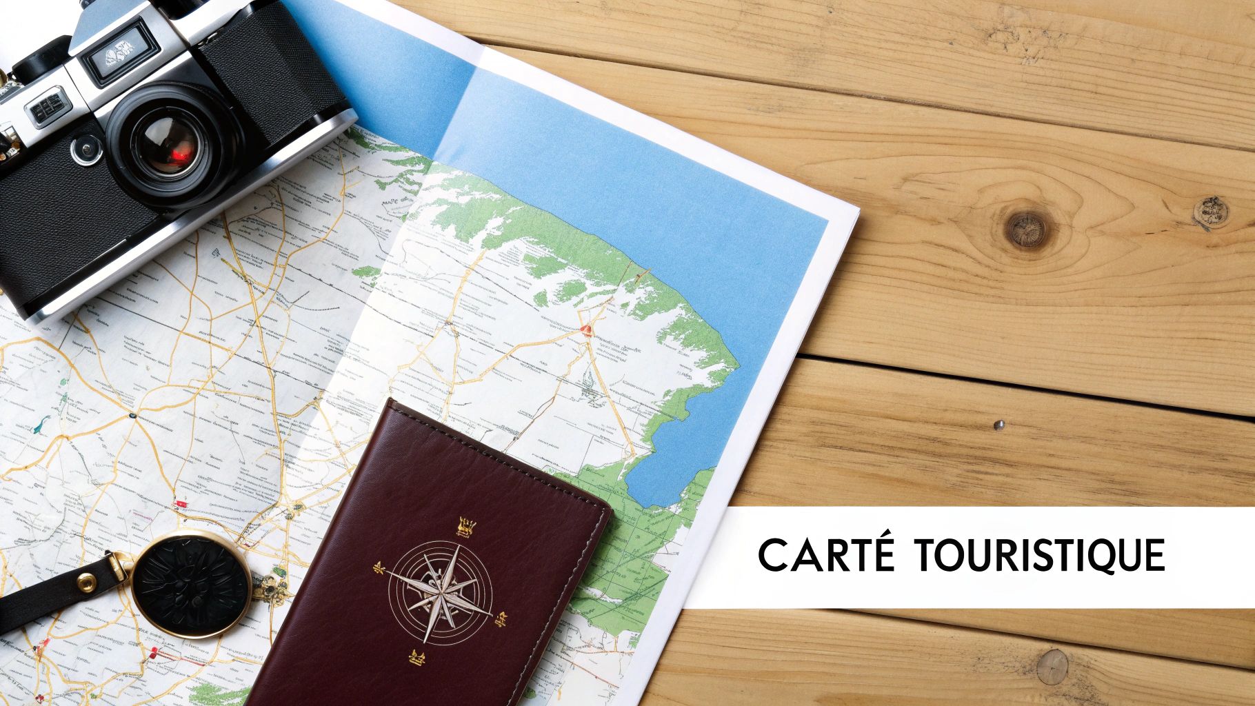 Carte touristique de la Bulgarie déployée sur une table en bois à côté d'un appareil photo et d'une boussole.