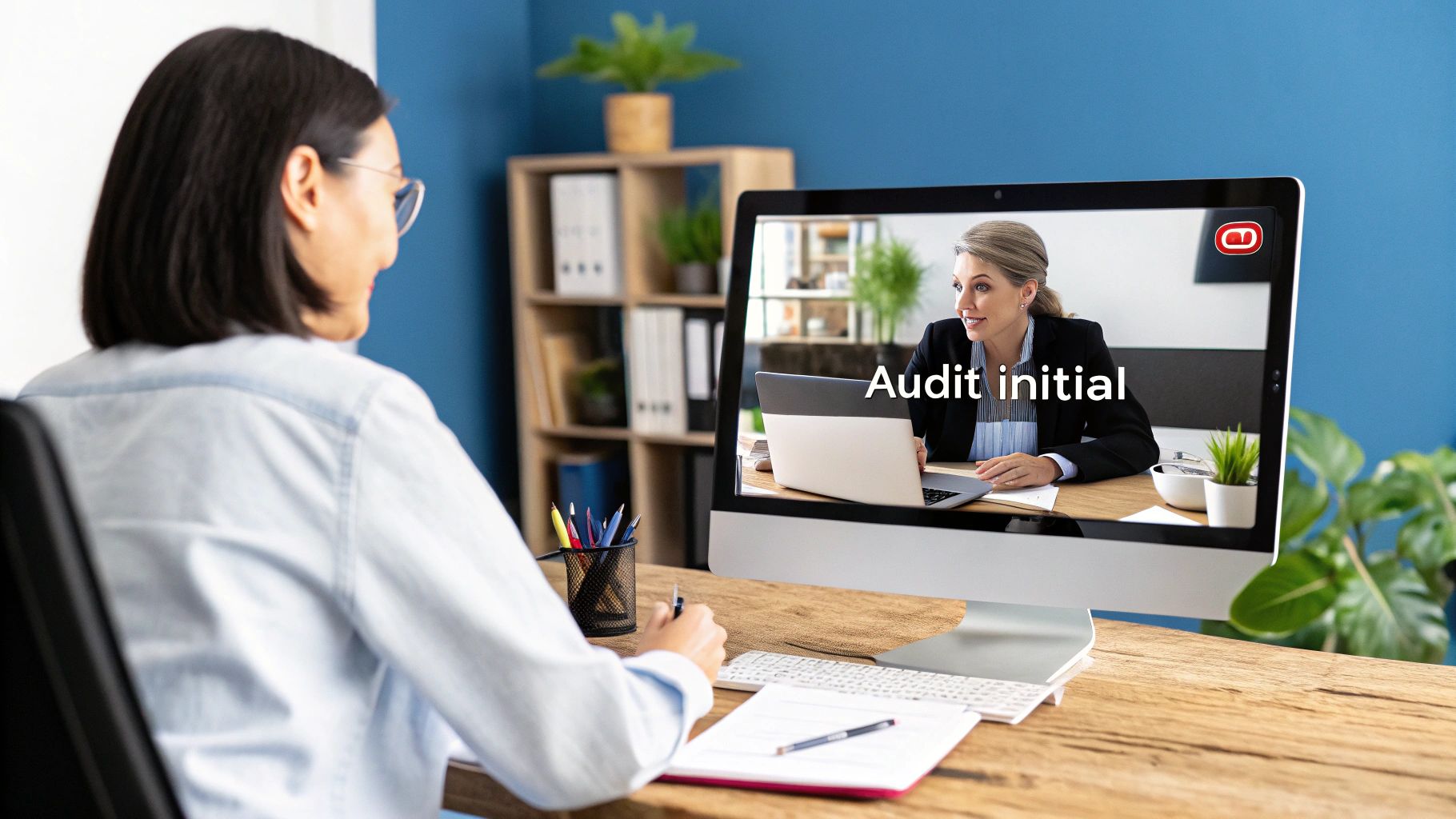 Auditeur examinant des documents lors d'un audit Qualiopi, dans une ambiance professionnelle et collaborative