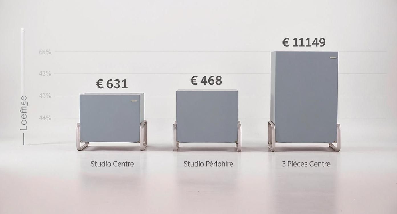 Graphique comparant les loyers à Sofia pour Studio Centre, Studio Périphérie et 3 Pièces Centre.