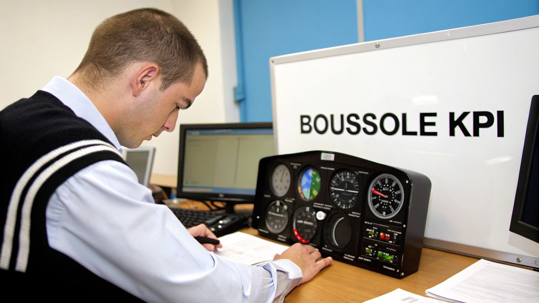 Un jeune homme étudie des documents à côté d'un simulateur de vol et d'un écran, avec un tableau "BOUSSOLE KPI".