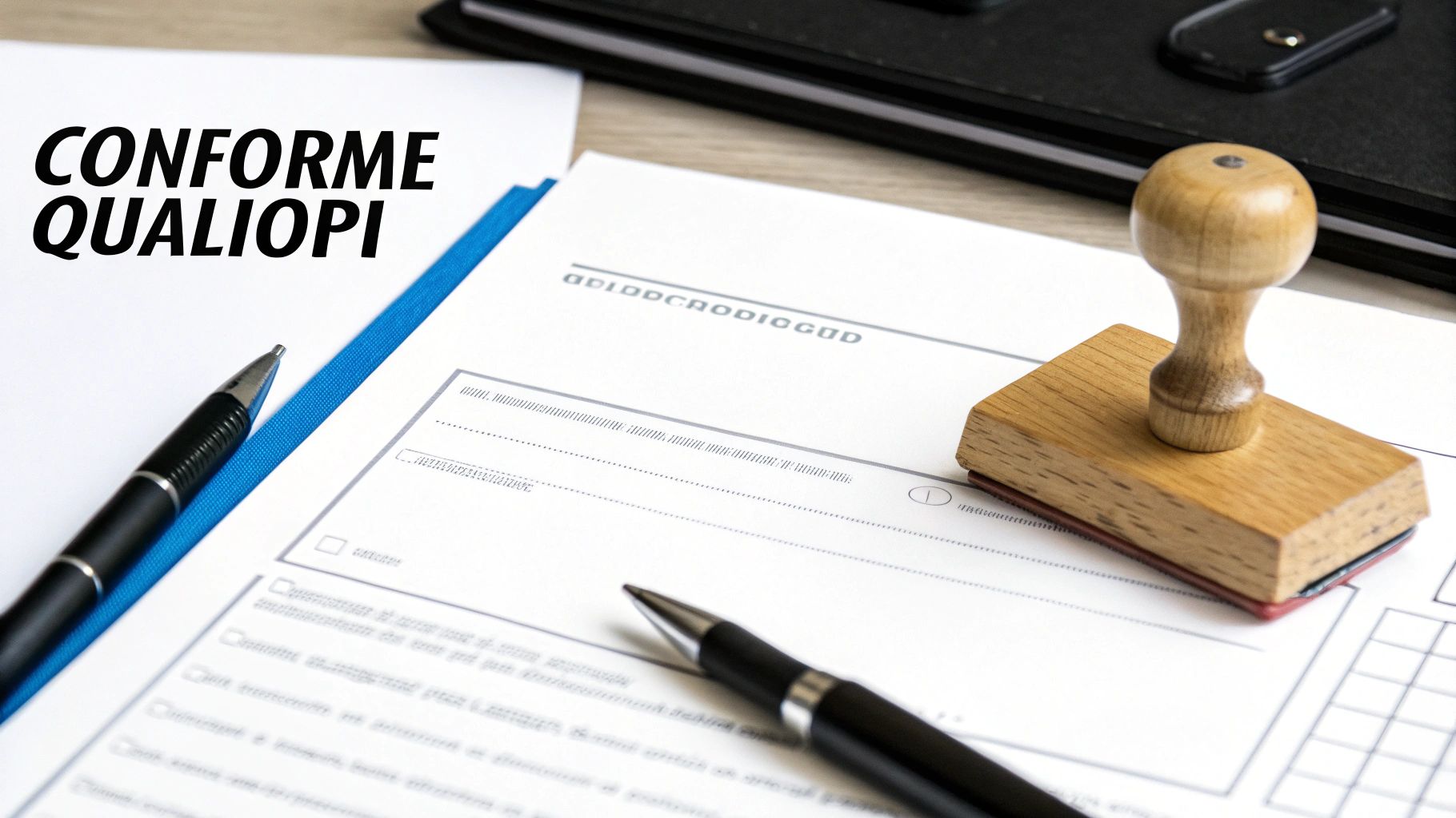 Document CONFORME QUALIOPI avec stylo et tampon encreur, symbolisant la conformité et la certification.