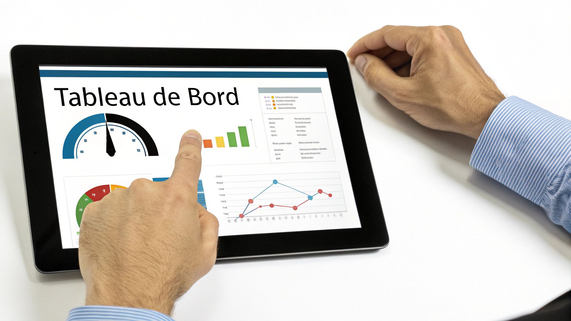 Main d'un utilisateur touchant une tablette affichant un tableau de bord avec des graphiques de performance.