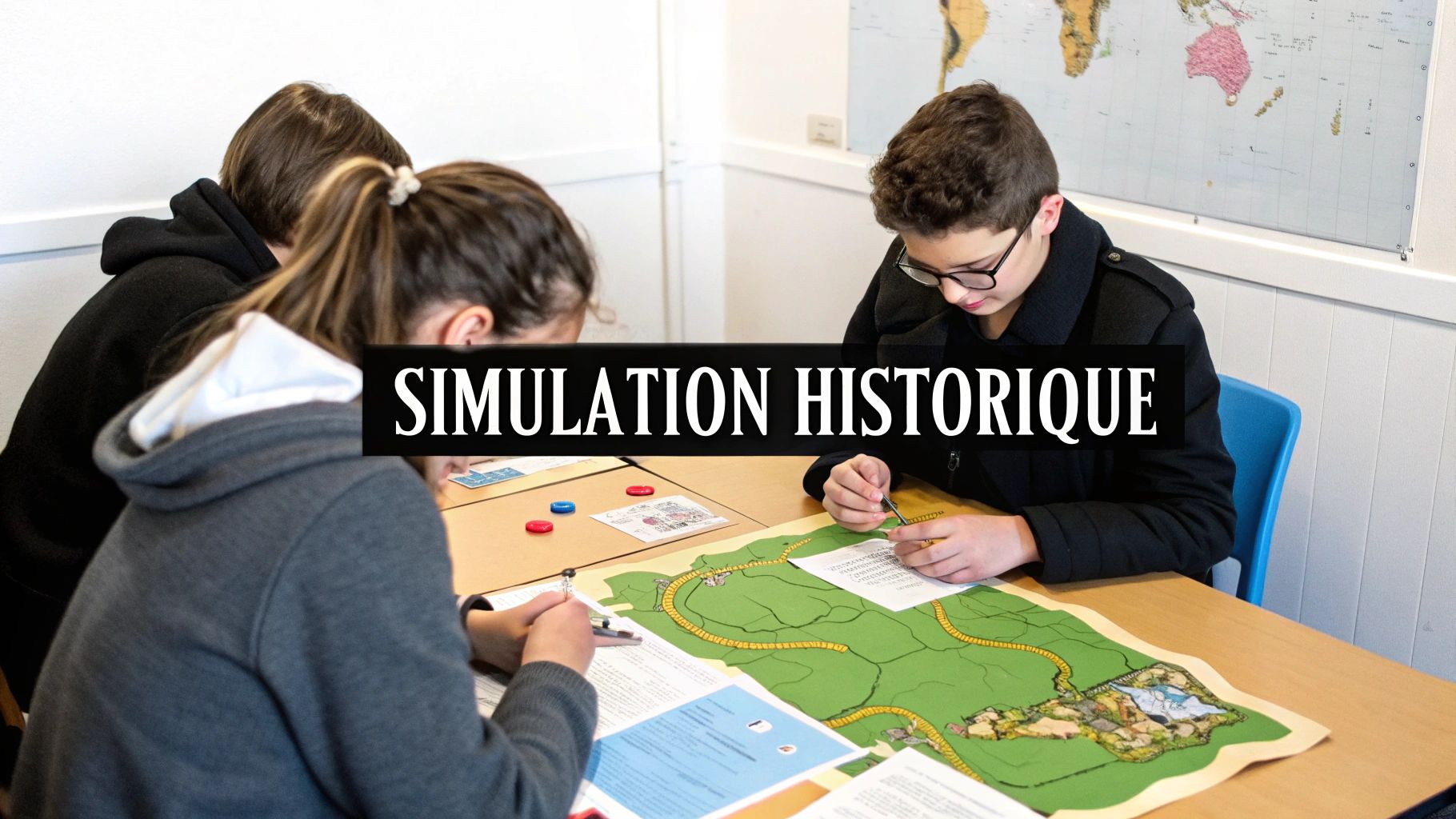 Des élèves participent à une simulation historique, un jeu de société éducatif avec une carte et des pions.