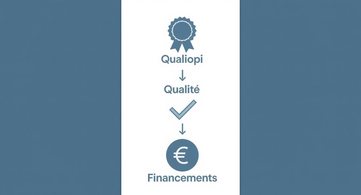 Infographie illustrant la hiérarchie de Qualiopi, de la certification à la qualité puis aux financements.