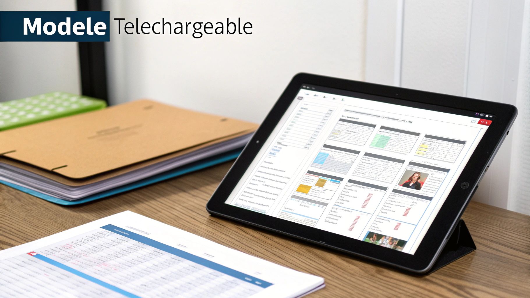 Modèle téléchargeable affiché sur une tablette numérique avec des dossiers et documents de bureau sur un bureau en bois.