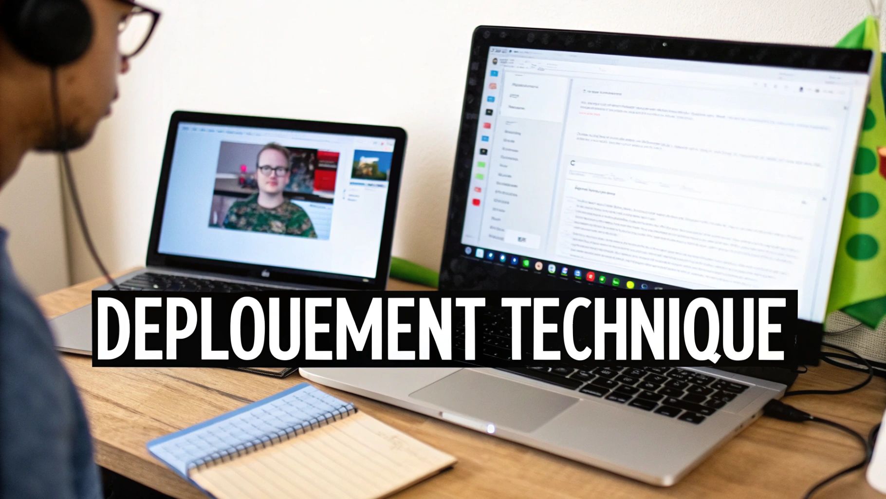 Une personne avec des écouteurs regarde deux ordinateurs portables sur un bureau, affichant un appel vidéo et des informations techniques. Le texte « DÉPLOIEMENT TECHNIQUE » est visible.