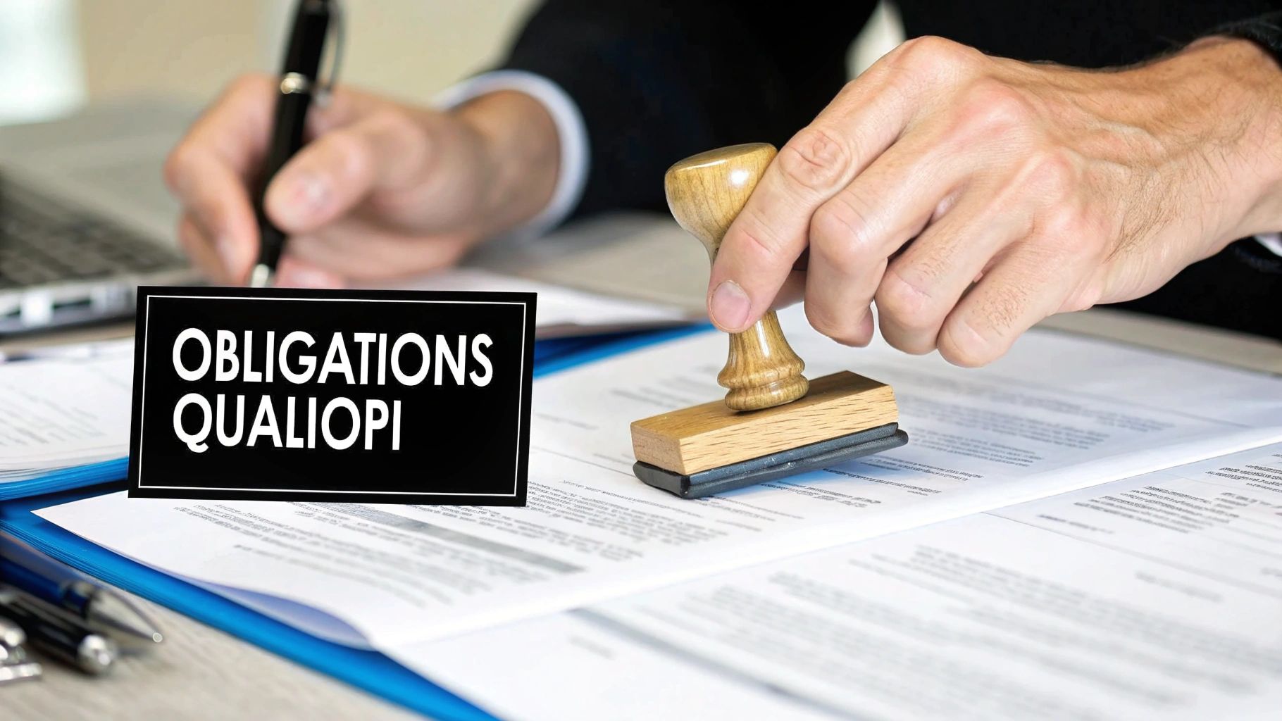 Main signant des documents et une autre tenant un tampon. Panneau "OBLIGATIONS QUALIOPI" sur des papiers, évoquant la conformité.