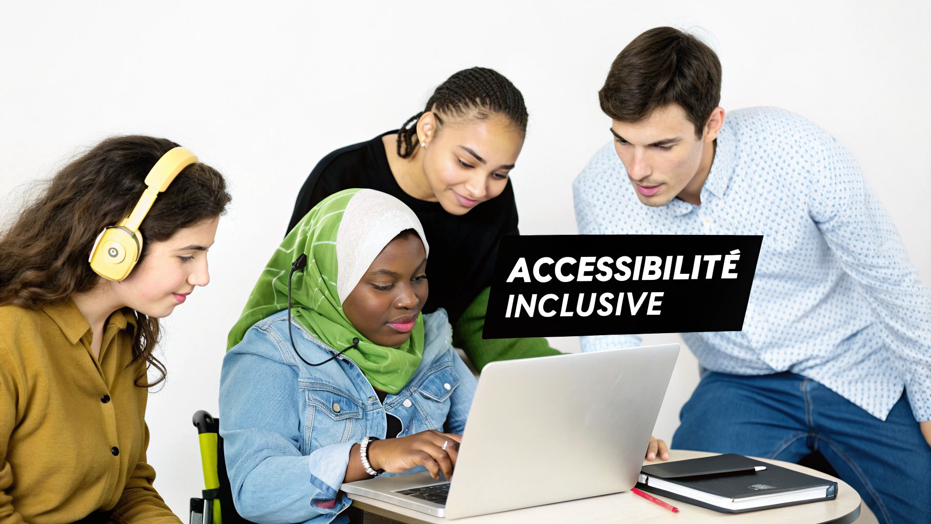Quatre jeunes, dont une personne en fauteuil roulant, collaborent sur un ordinateur portable, symbolisant l'accessibilité inclusive.