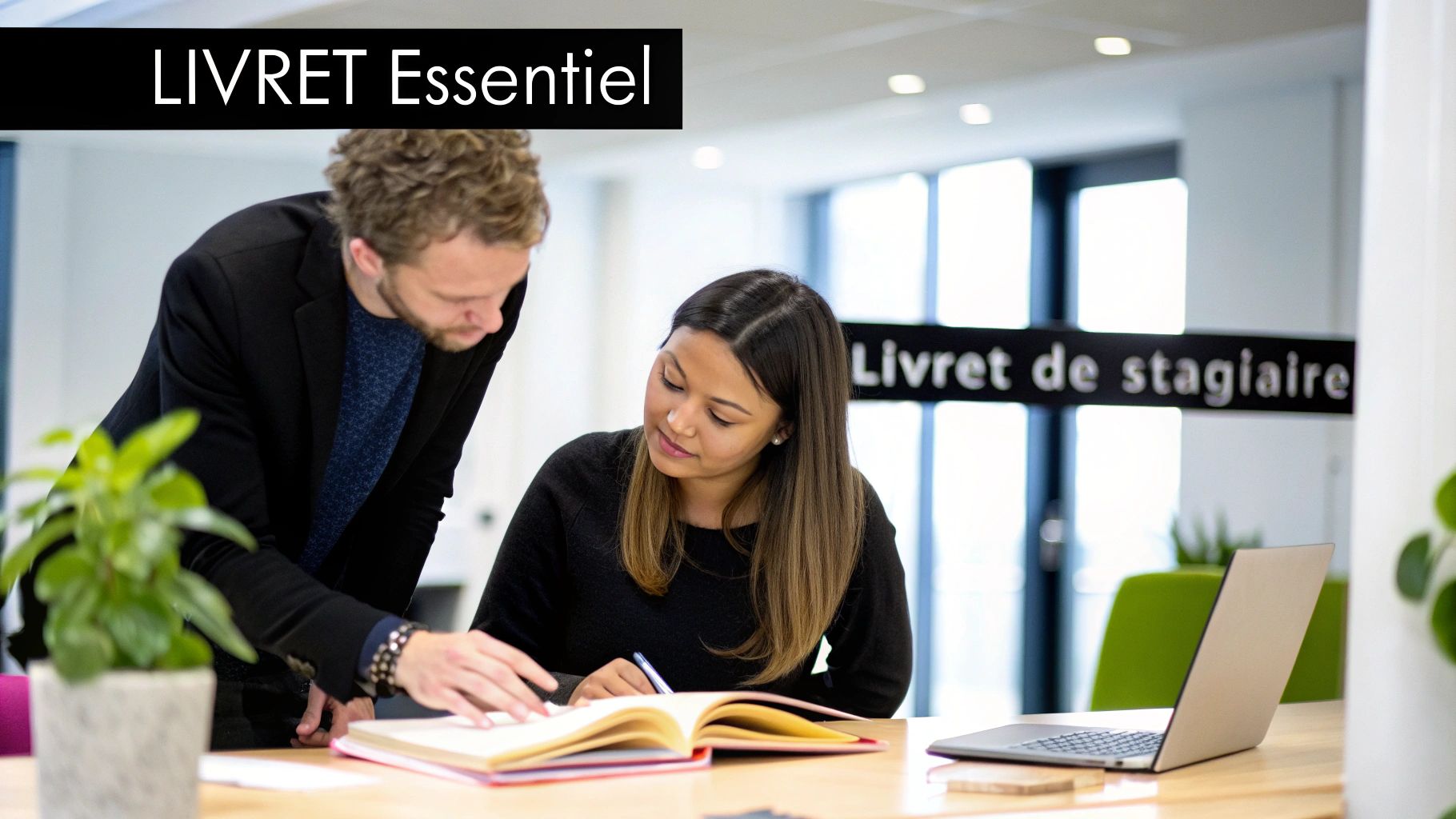 Deux personnes regardent un livre et un ordinateur portable, avec des textes "LIVRET Essentiel" et "Livret de stagiaire" visibles.