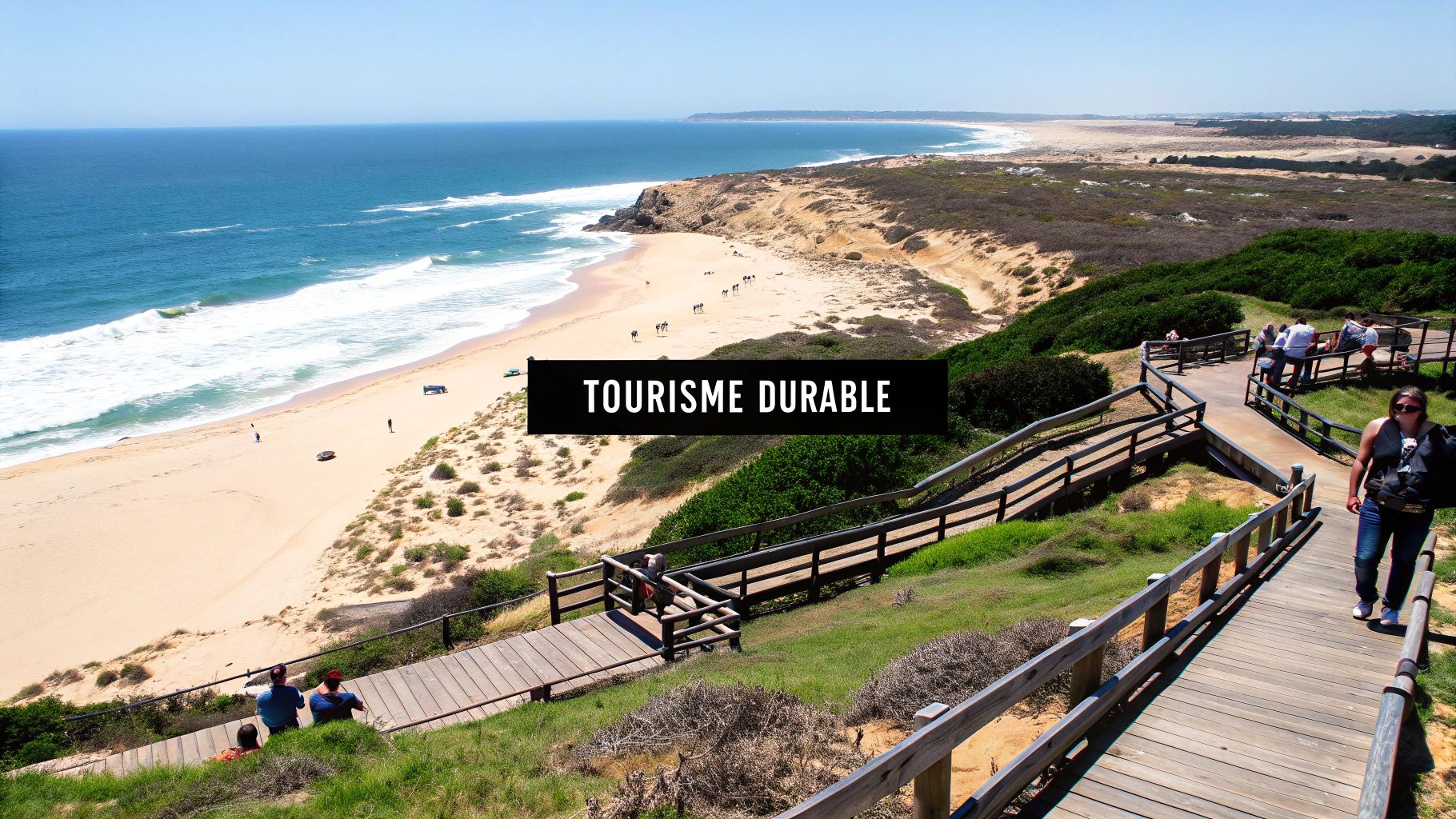 Promenade en bois surplombant une plage préservée avec tourisme durable écrit en superposition