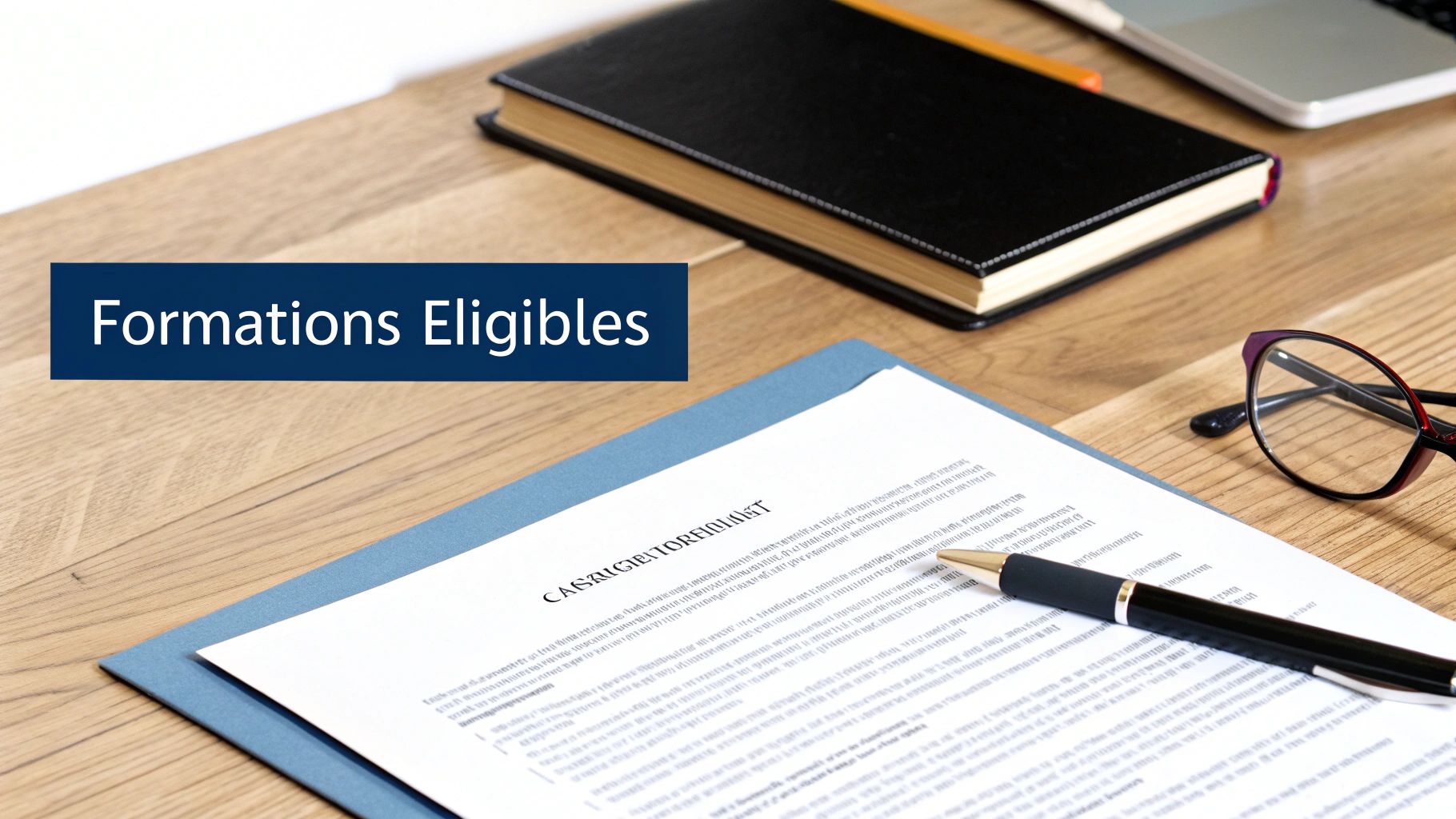 Bureau en bois avec un document, un stylo, des lunettes et une bannière affichant "Formations Eligibles".