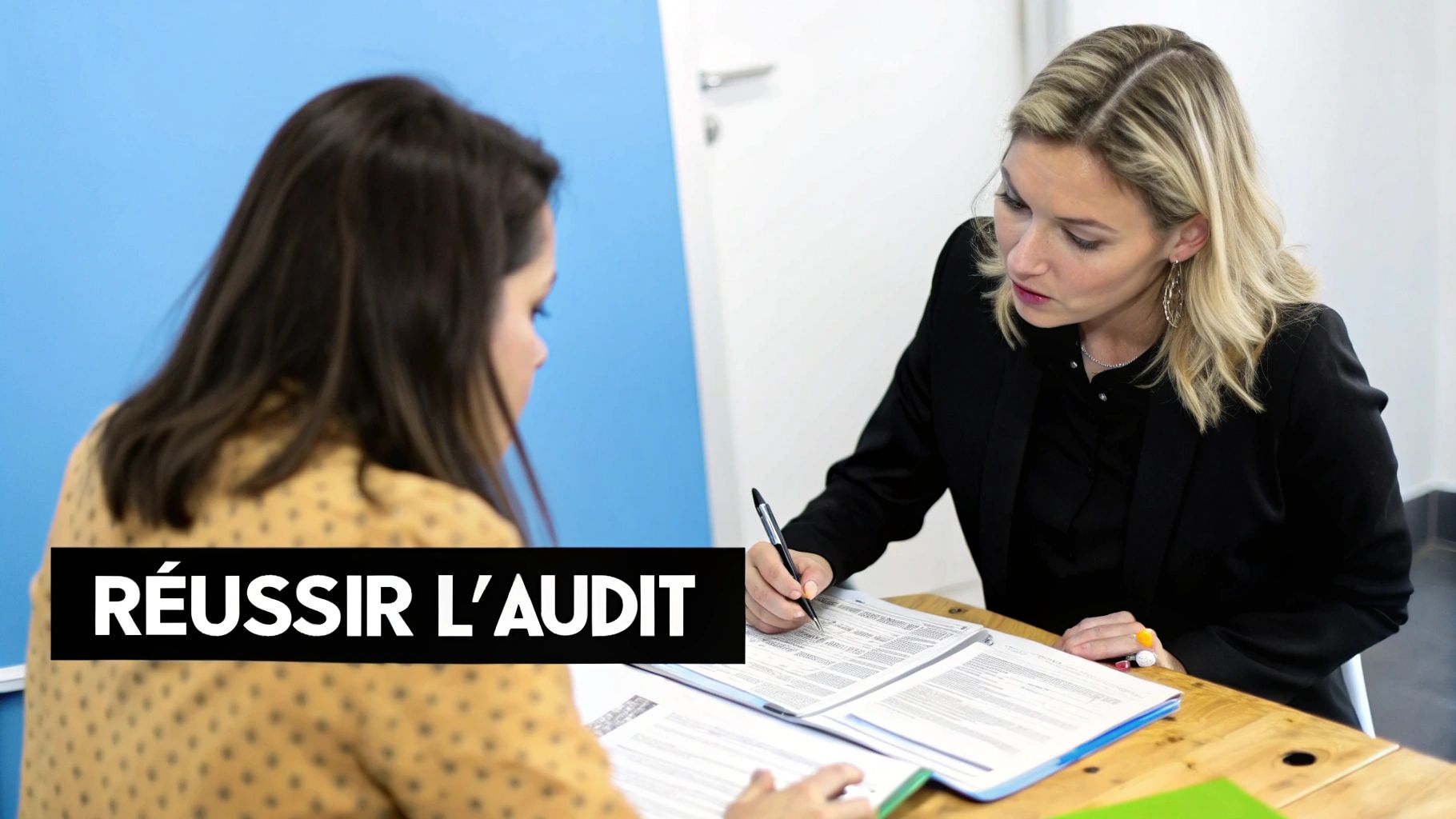 Deux femmes discutent et travaillent sur des documents lors d'un audit ou d'une session de formation.