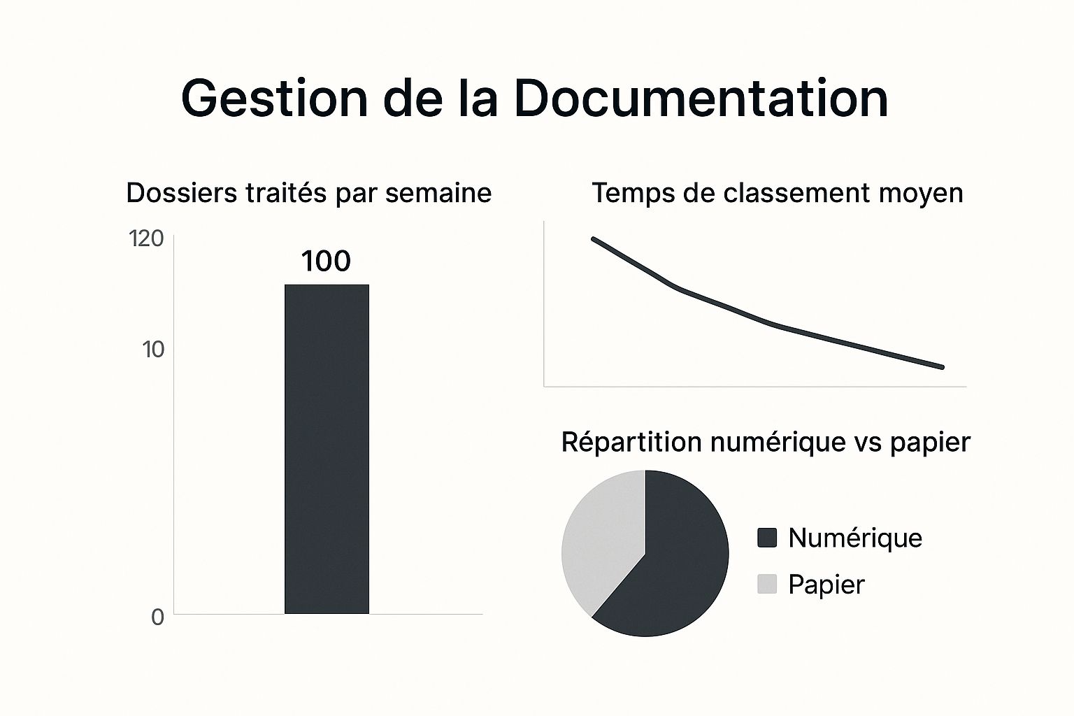 Infographie montrant des indicateurs de performance en gestion documentaire, avec des graphiques sur les dossiers traités, le temps de classement et la répartition papier/numérique.