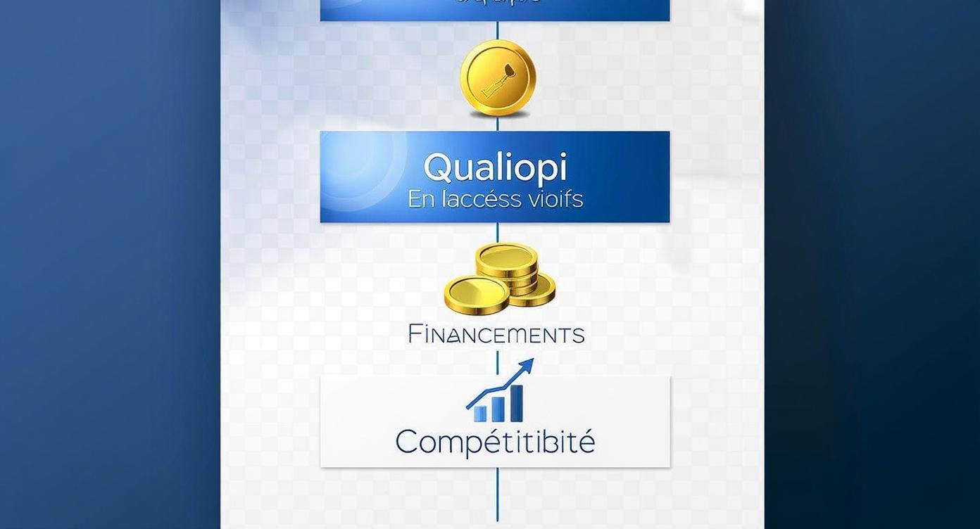 Infographie illustrant les enjeux hiérarchiques de la certification Qualiopi, allant de la certification elle-même aux financements et à la compétitivité.