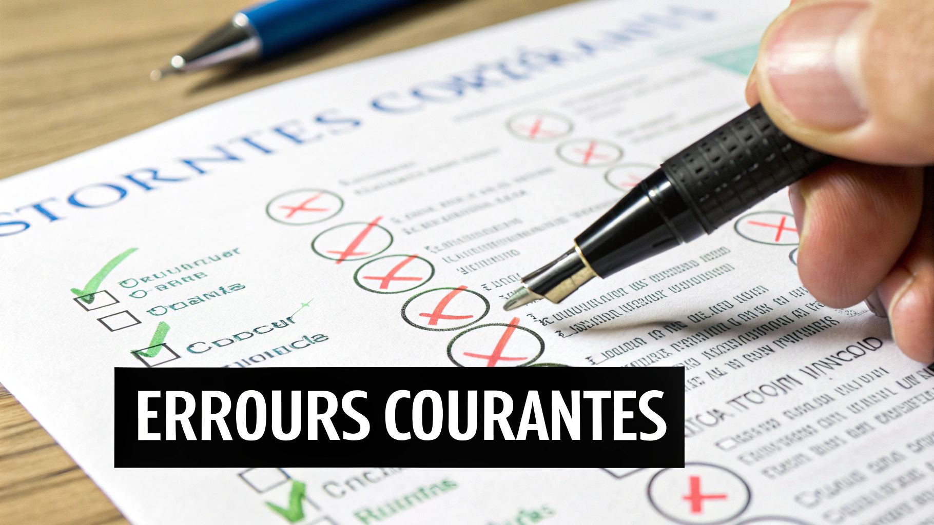 Une personne pointant du doigt les erreurs sur un document avec un stylo rouge
