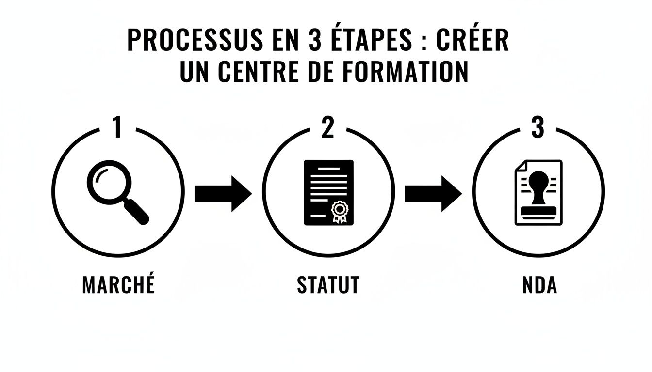 Processus en 3 étapes pour créer un centre de formation : marché, statut et NDA.