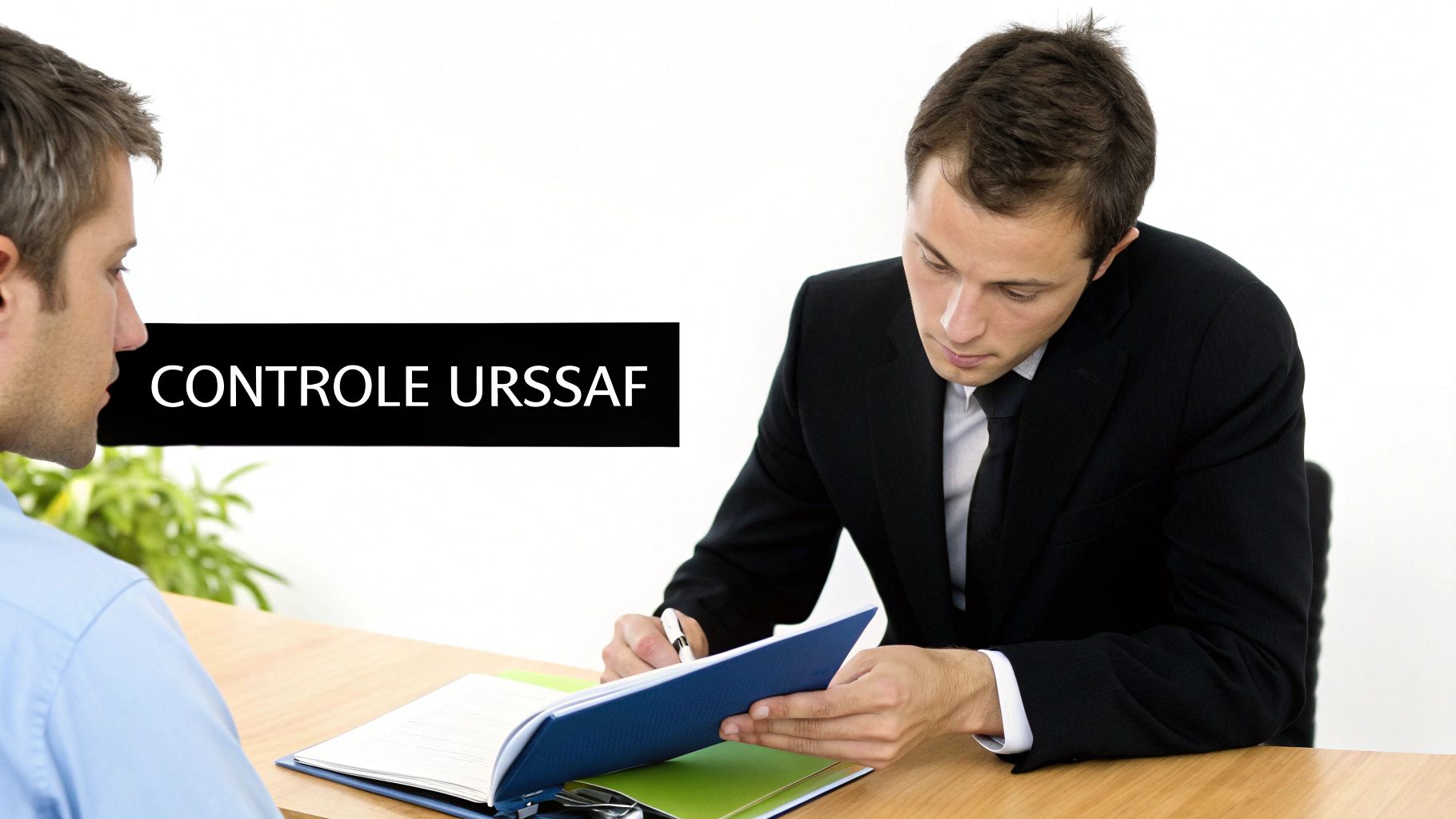 Deux hommes en tenue professionnelle, l'un consultant des documents sur une table, l'autre observant, avec le texte 'CONTROLE URSSAF'.